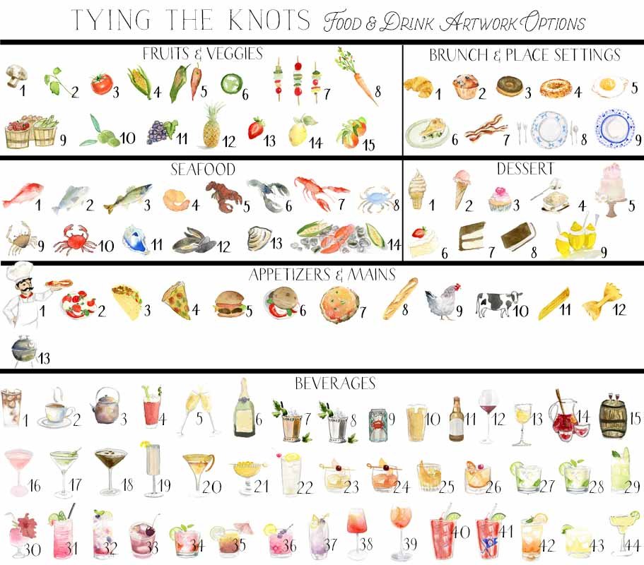 Food and drink options on a menu, categorized into Fruits & Veggies, Brunch & Place Settings, Seafood, Dessert, Appetizers & Mains, Beverages, with various illustrated food and drink items numbered from 1 to 44.
