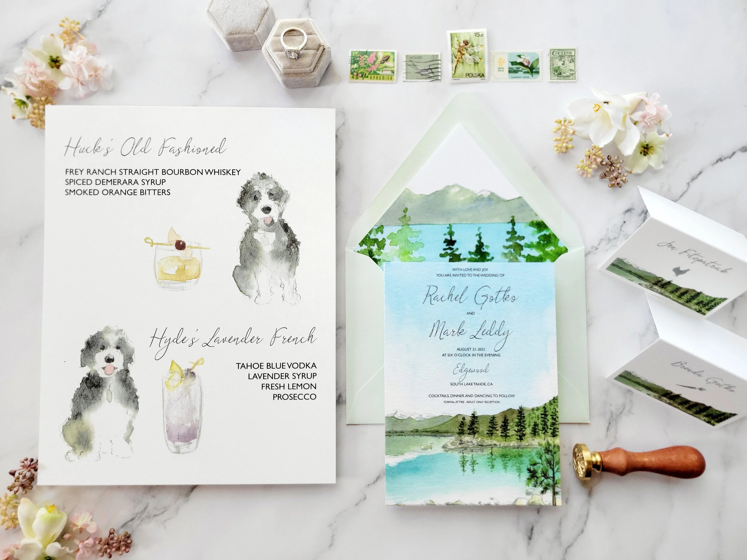 Lake Tahoe wedding invitations featuring the mountains and tree reflections with wedding itinerary, rsvp, and customizable map by Tying the Knots Wedding Studio 5