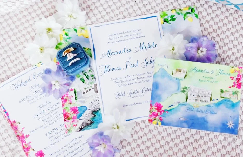Amalfi Coast Wedding Invitations in watercolor by Tying the Knots Studio 2