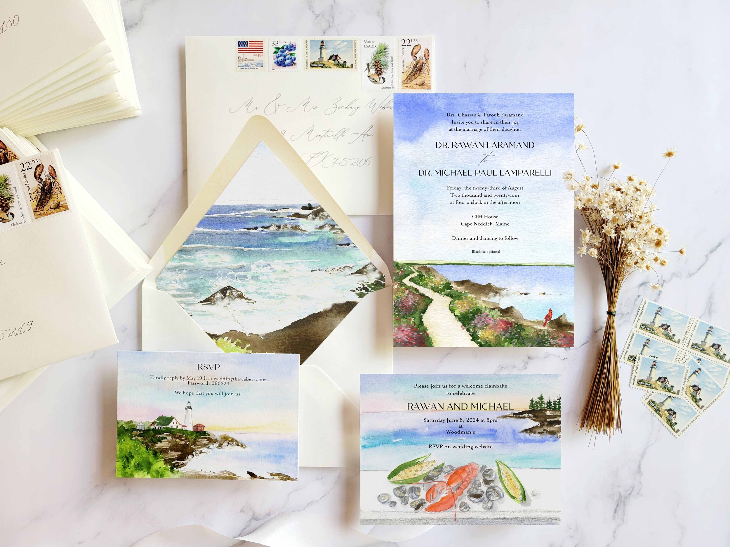 Maine Coastal Wedding Invitations in watercolor by Tying the Knots Studio 6