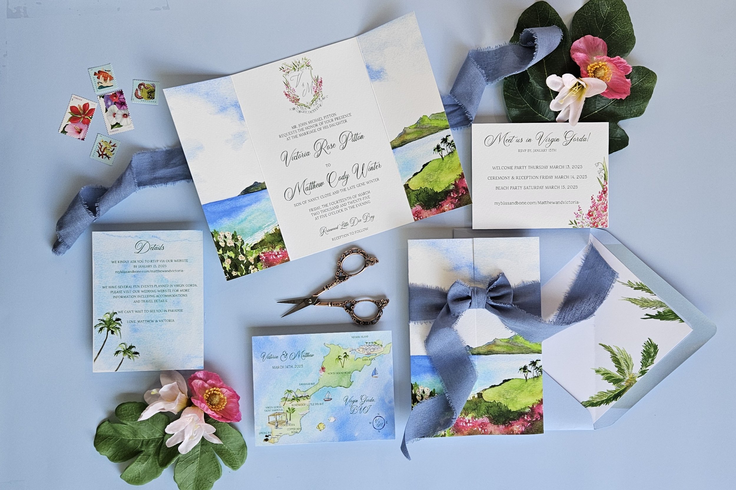 Rosewood Little Dix Bay Watercolor Wedding Invitations