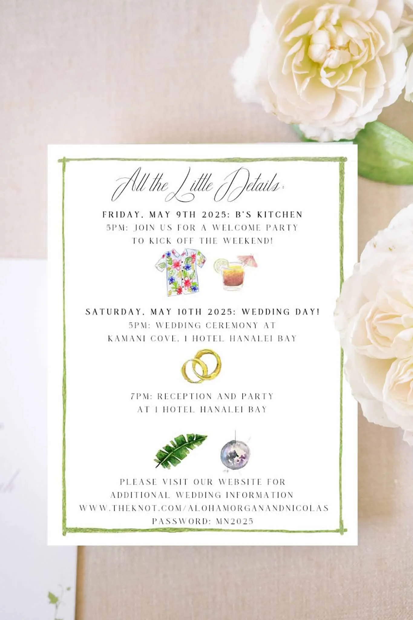 Hawaii details card with illustrated icons by Tying the Knots
