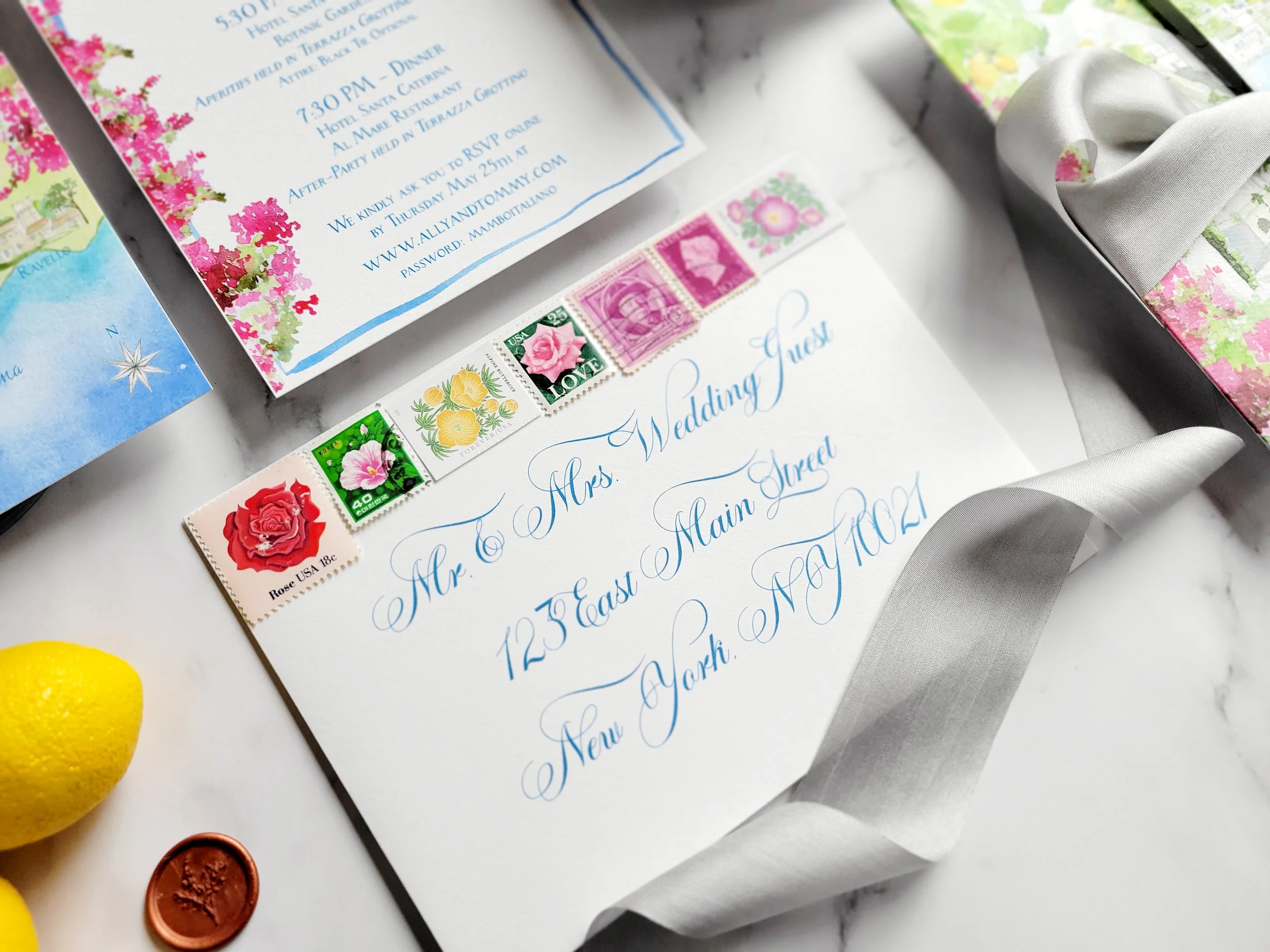 Amalfi Coast Wedding Invitations in watercolor by Tying the Knots Studio 4