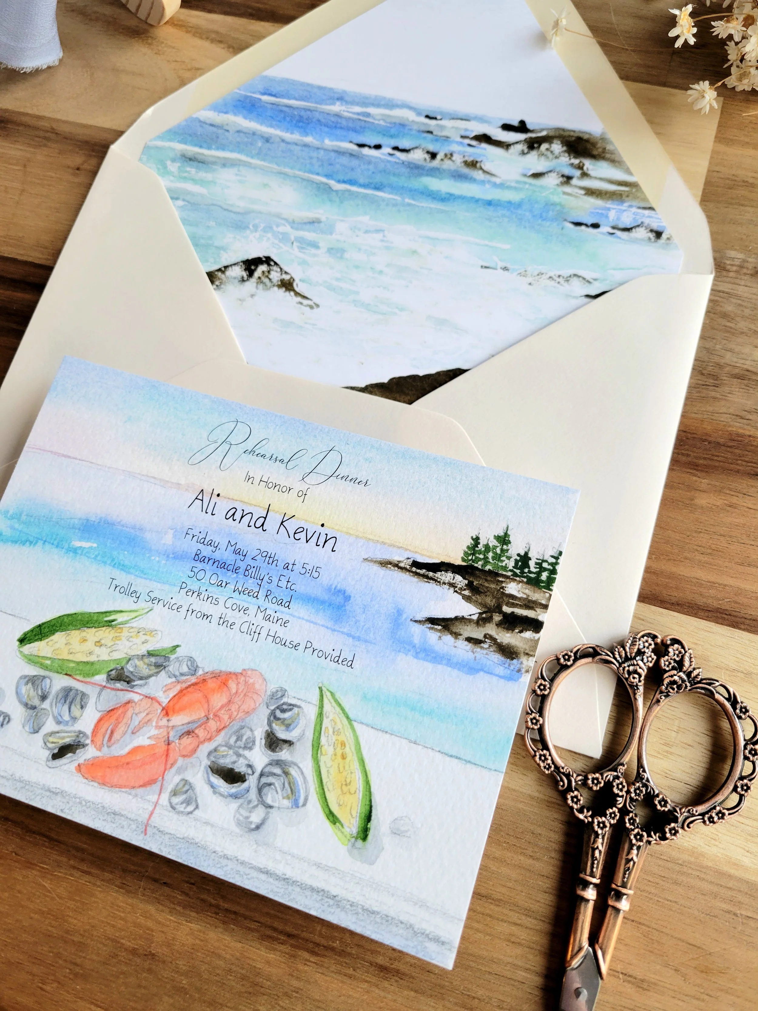 Maine Coastal Wedding Invitations in watercolor by Tying the Knots Studio 5