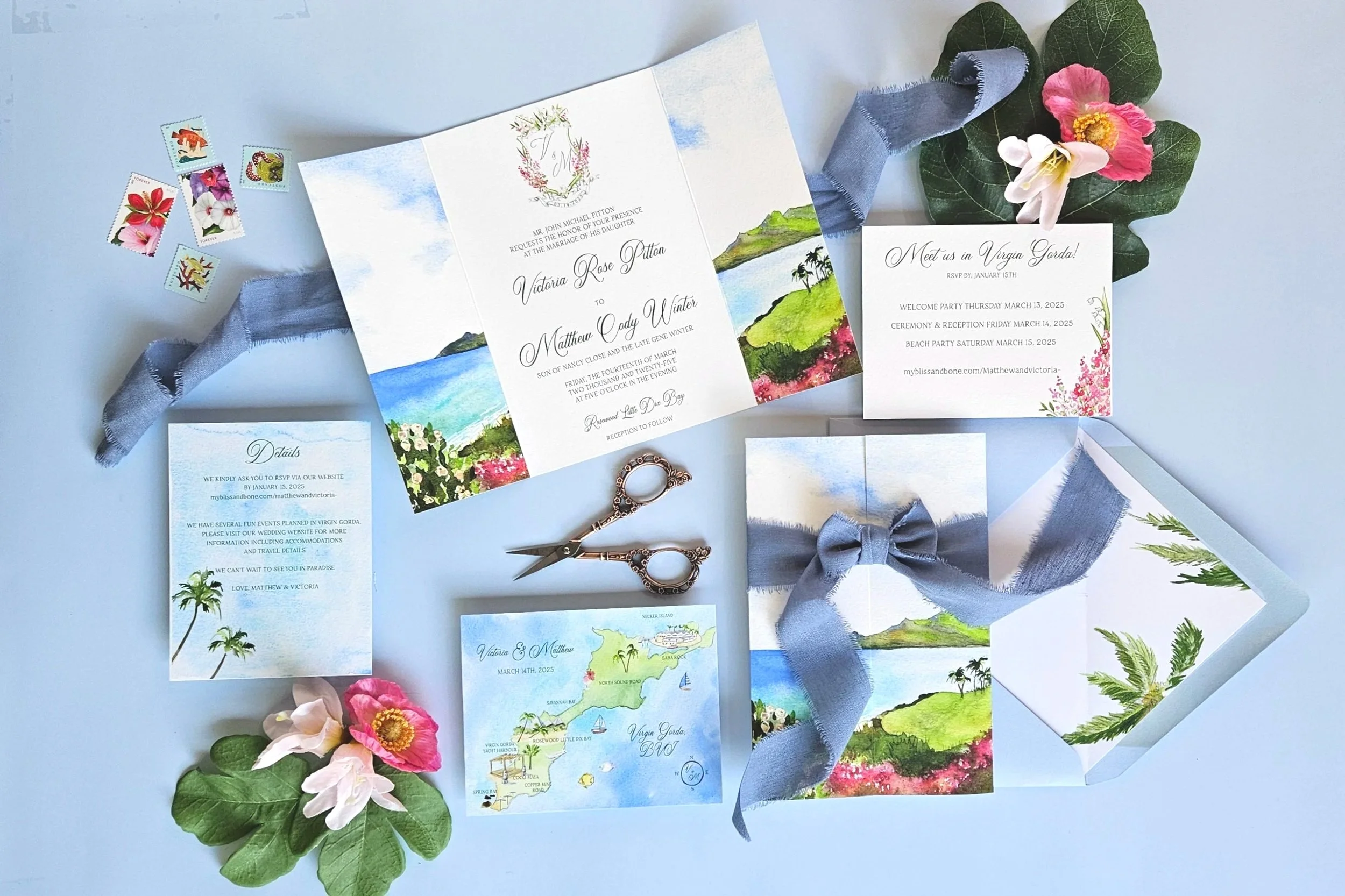 Virgin Gorda Rosewood Little Dix Bay British Virgin Island wedding invitation set featuring customizable vibrant watercolors and island theme by Tying the Knots Wedding Studio 1