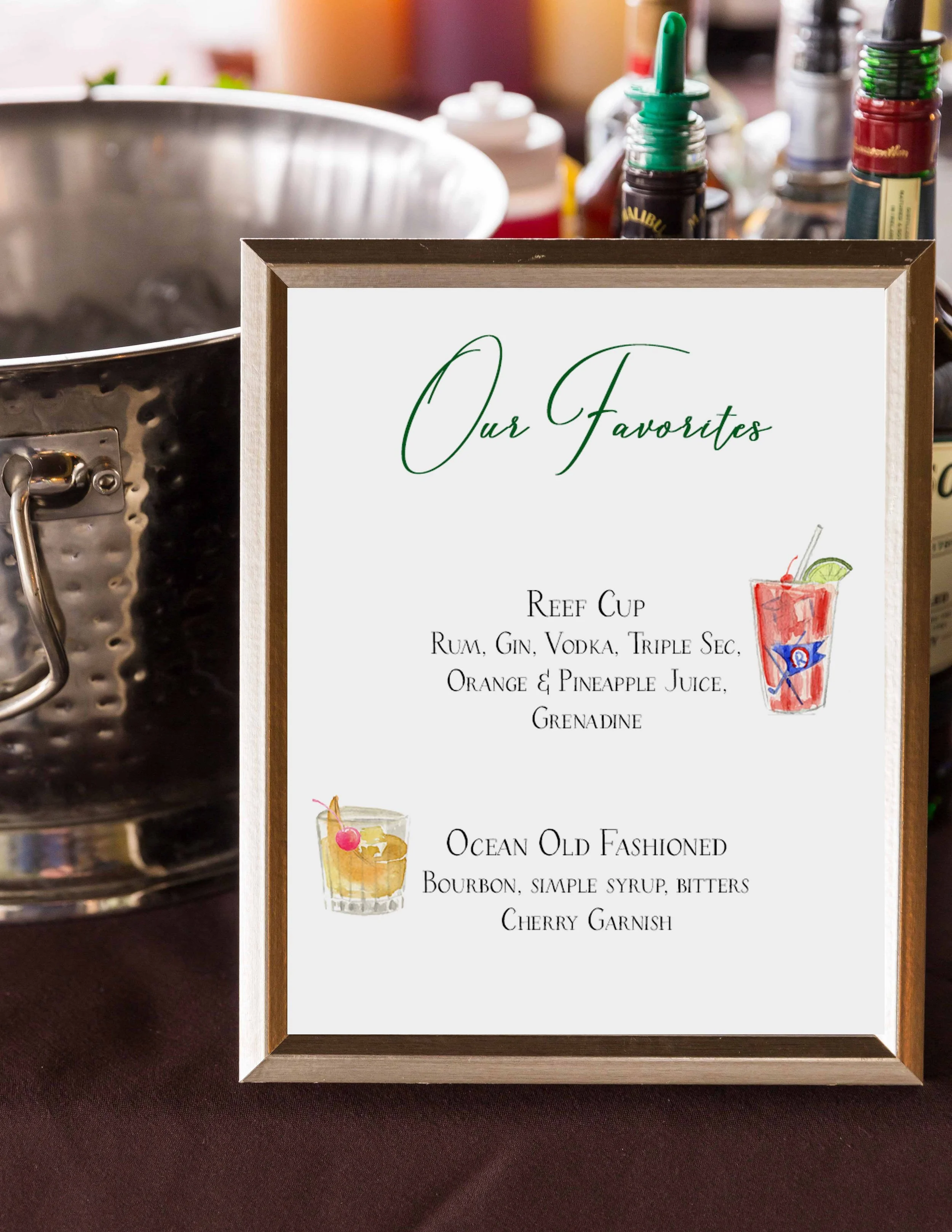 LAYOUT 9: Sign Title, Drink Image 1 right, Drink Title centered, Drink Ingredients centered, Drink Image 2 left, Drink Title centered, Drink Ingredients centered