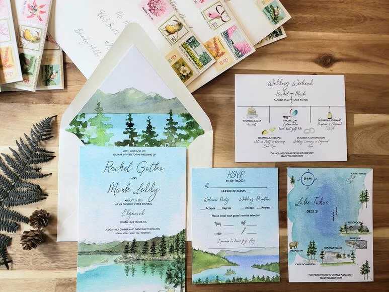 Lake Tahoe wedding invitations featuring the mountains and tree reflections with wedding itinerary, rsvp, and customizable map by Tying the Knots Wedding Studio 3