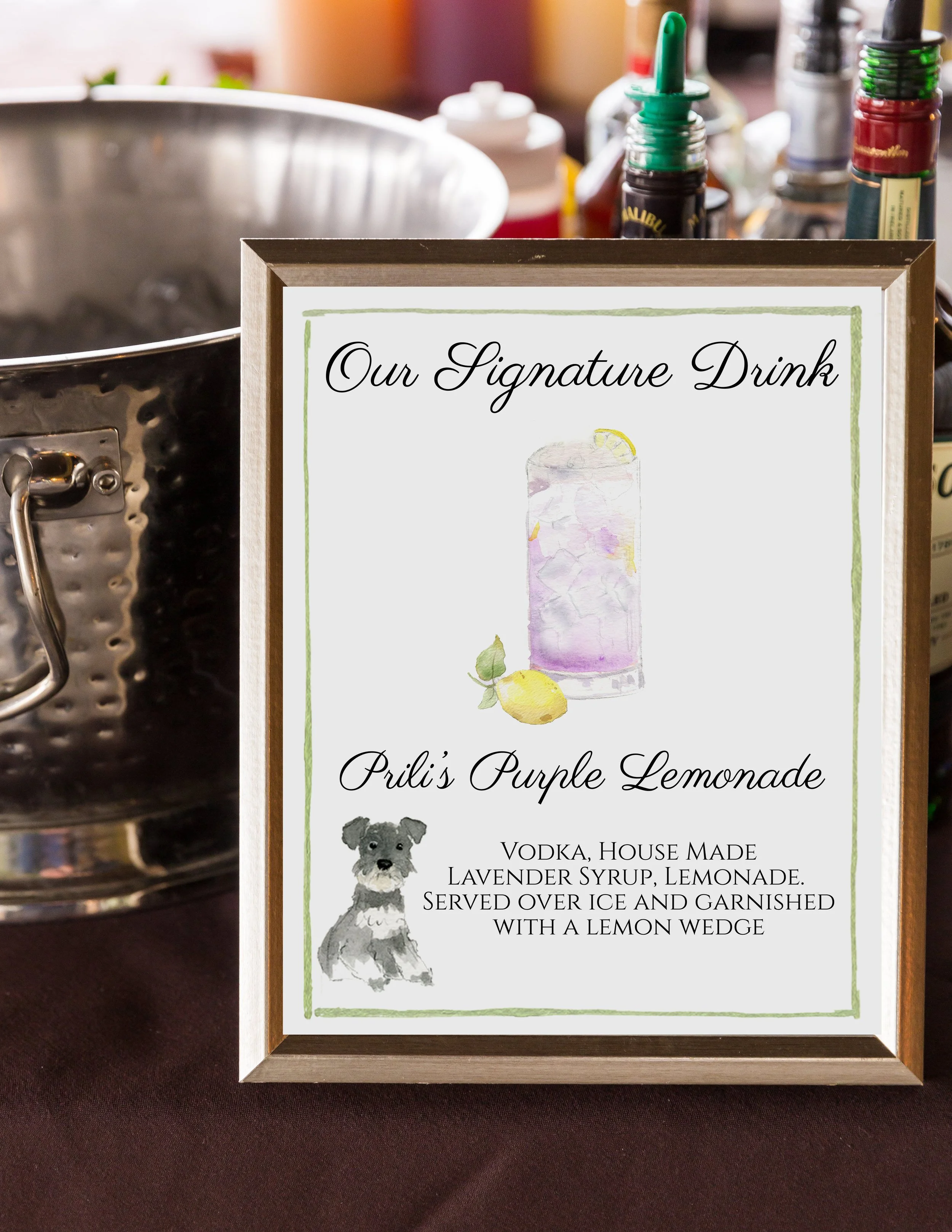 LAYOUT 3: Sign Title, Drink Image, Drink Title, Drink Ingredients, Animal bottom left