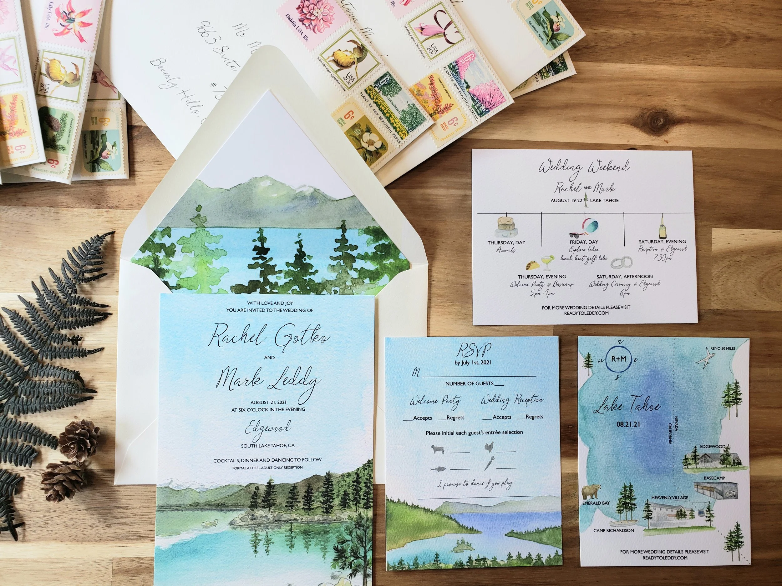 Lake Tahoe wedding invitations featuring the mountains and tree reflections with wedding itinerary, rsvp, and customizable map by Tying the Knots Wedding Studio 1