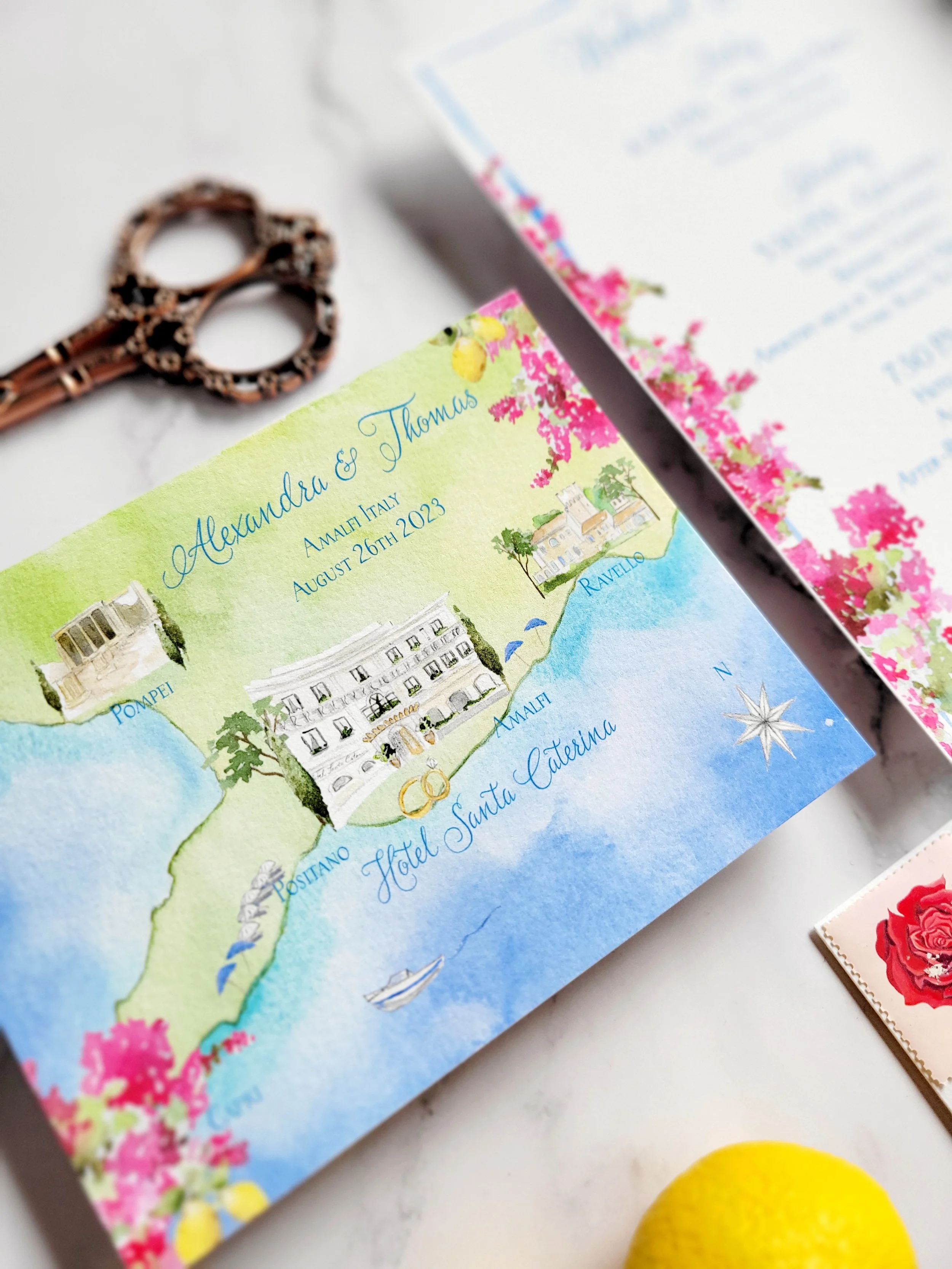 Amalfi Coast Wedding Map in watercolor by Tying the Knots Studio 1