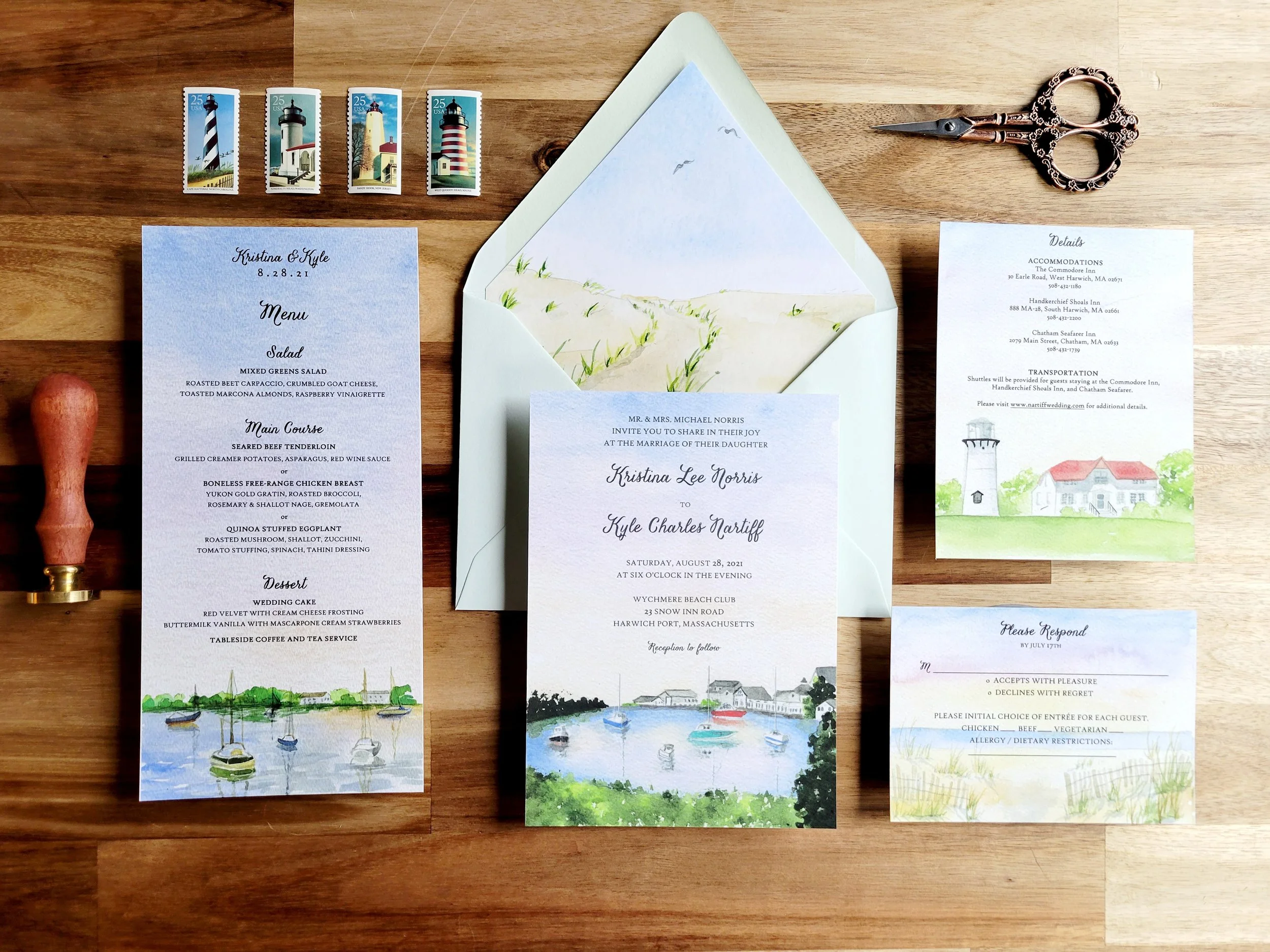 Wychmere Beach Club wedding invitations, featuring Harwich Port by Tying the Knots Studio 1