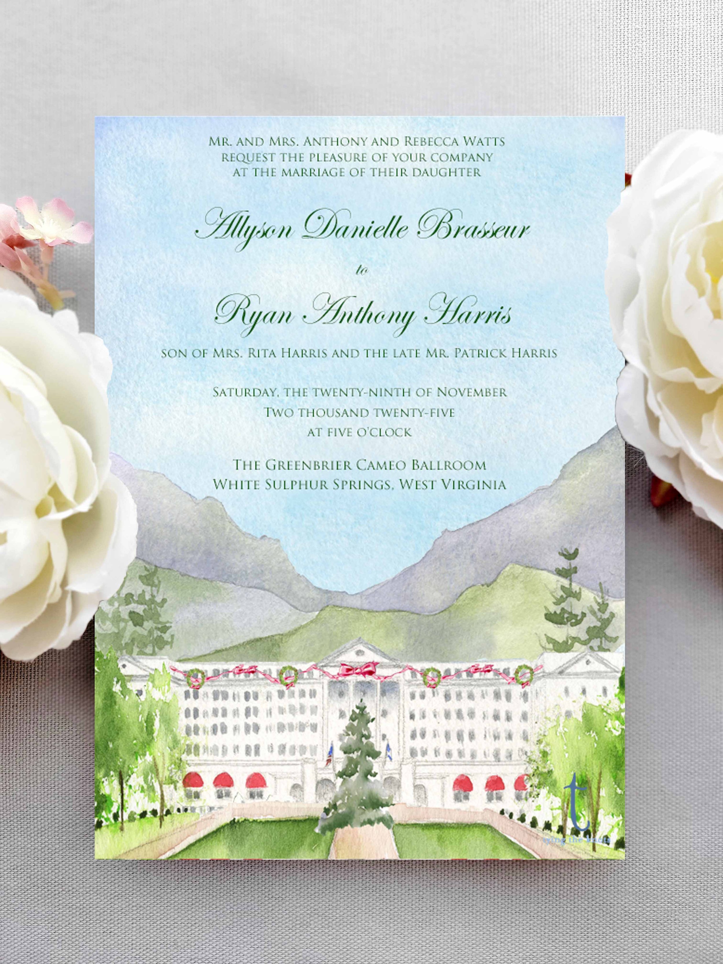 Bride's parents hosting, formal, with mention of groom's parents, one is deceased