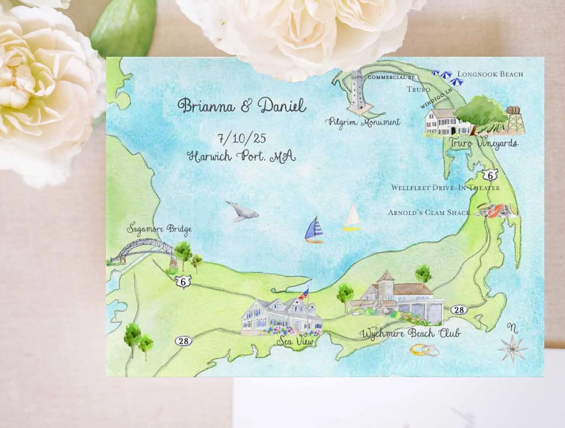 Cap Cod watercolor wedding map featuring Wychmere Beach Club by Tying the Knots