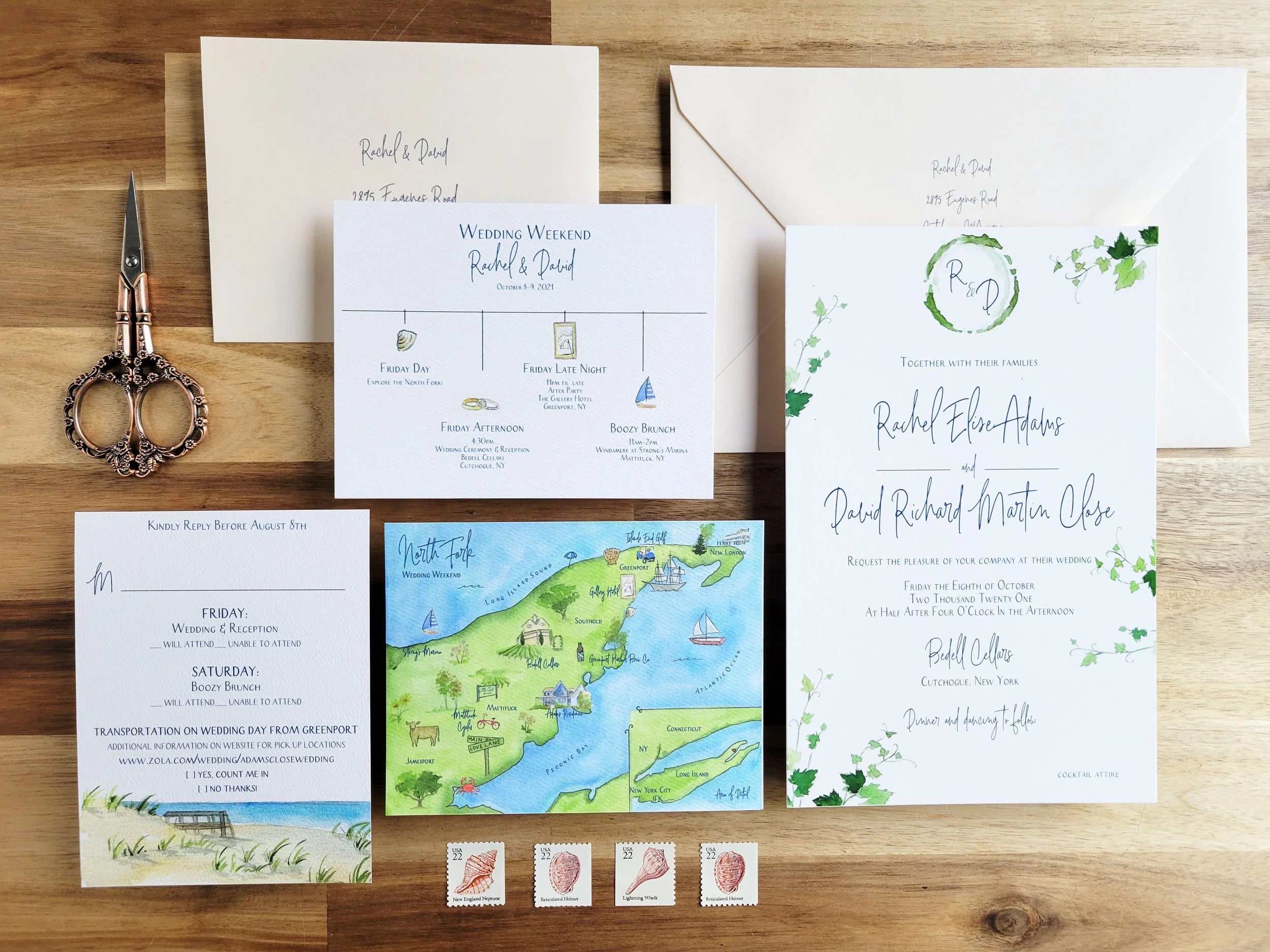 Bedell Cellars Wedding Invitation set featuring vineyard details and customizable options by Tying the Knots Wedding Studio 3