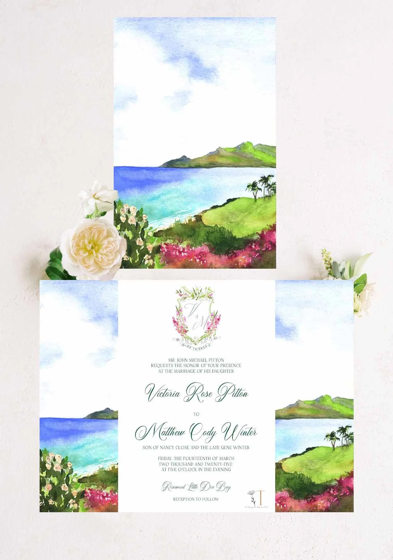 Virgin Gorda Rosewood Little Dix Bay British Virgin Island wedding invitation set featuring customizable vibrant watercolors and island theme by Tying the Knots Wedding Studio 2
