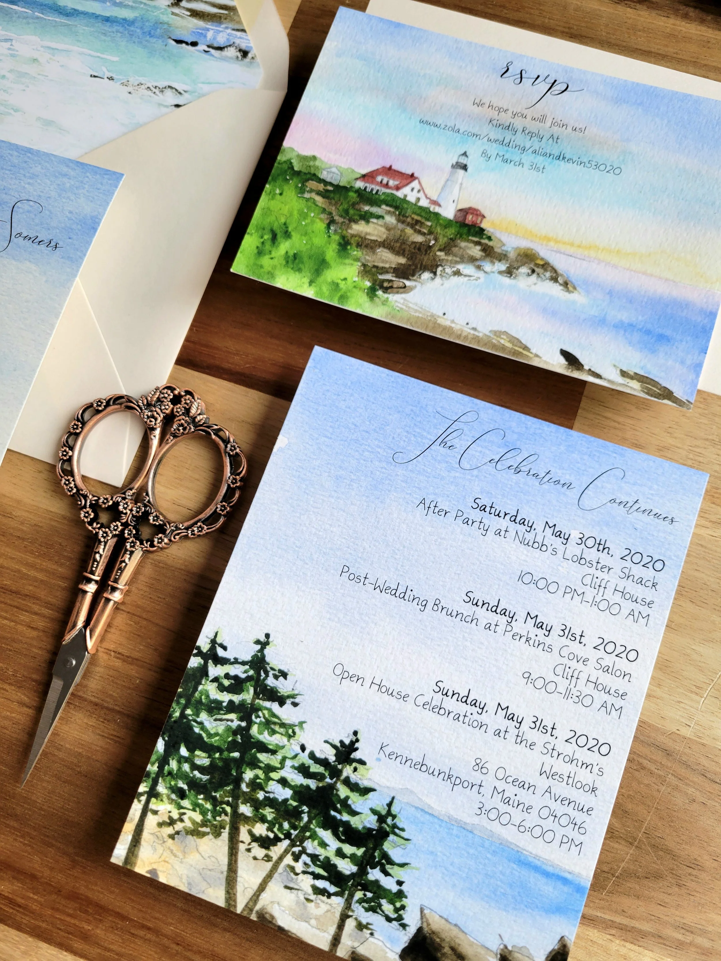Maine Coastal Wedding Invitations in watercolor by Tying the Knots Studio 3