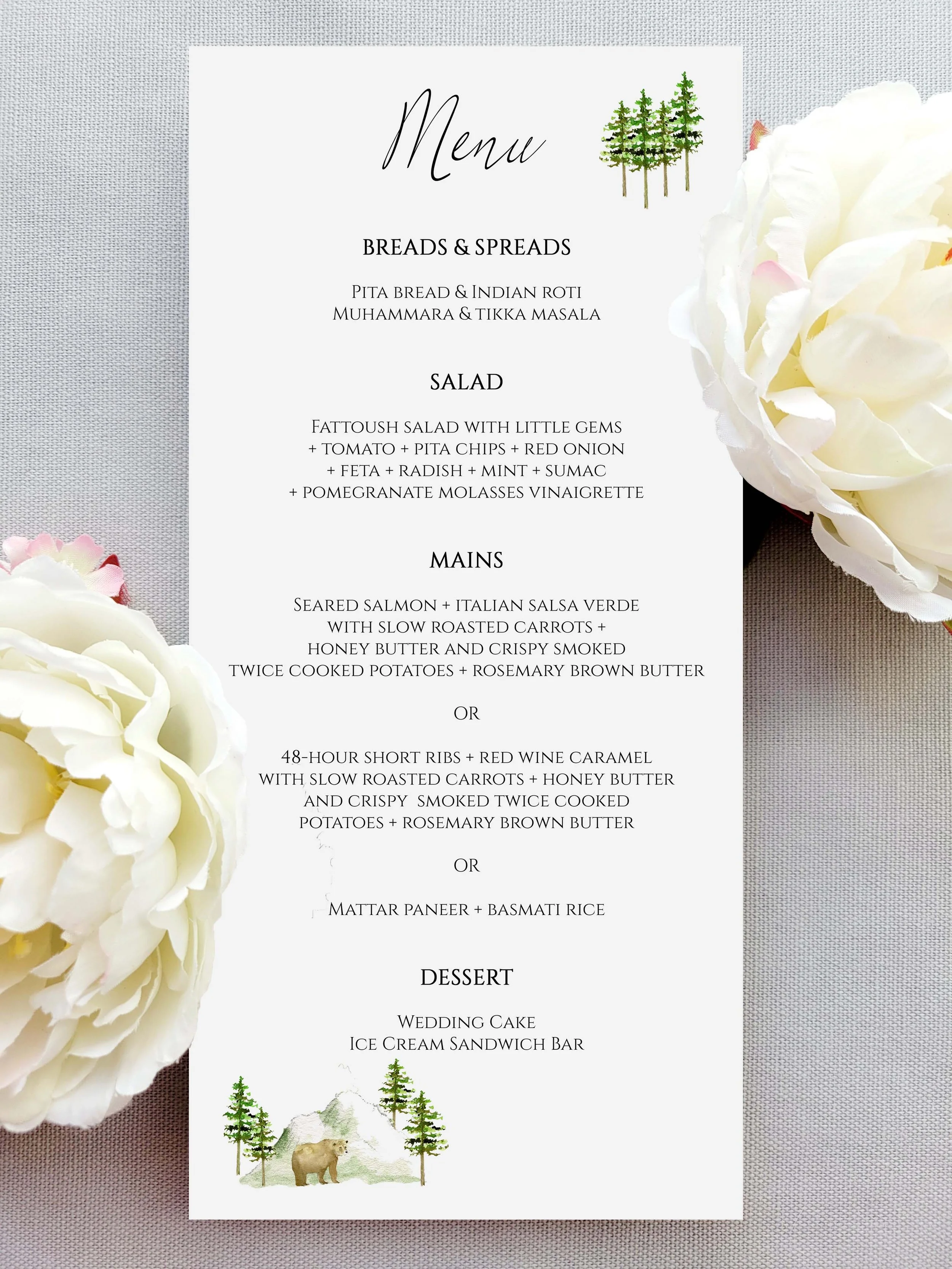 Lake Tahoe wedding invitations featuring the mountains and tree reflections with wedding itinerary, rsvp, and customizable map by Tying the Knots Wedding Studio 9