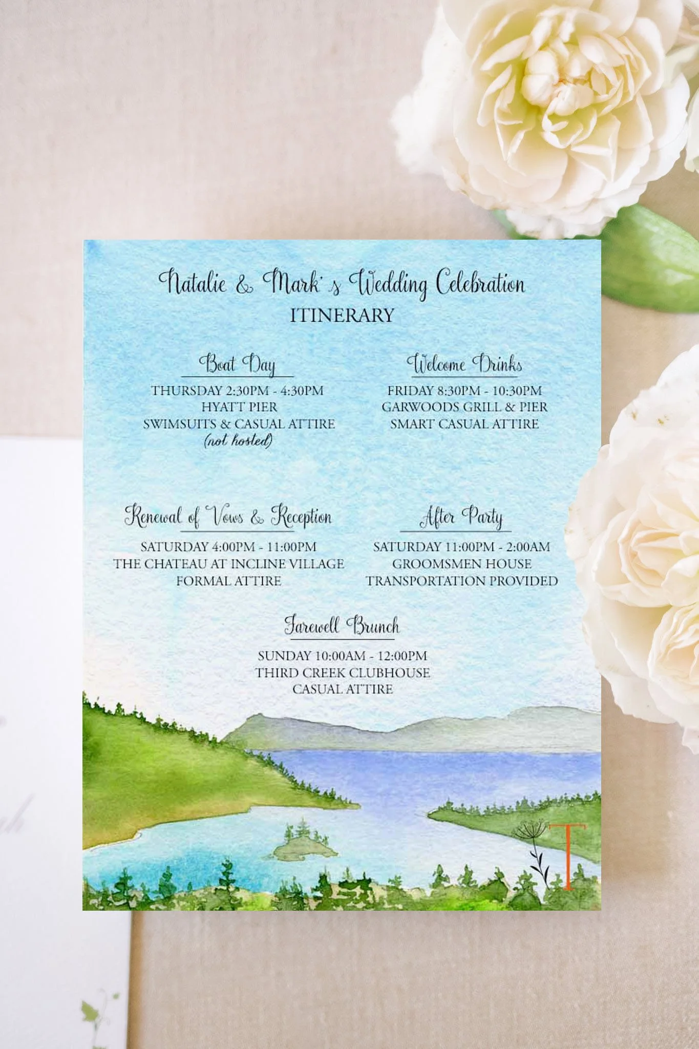 Lake Tahoe wedding invitations featuring the mountains and tree reflections with wedding itinerary, rsvp, and customizable map by Tying the Knots Wedding Studio 10