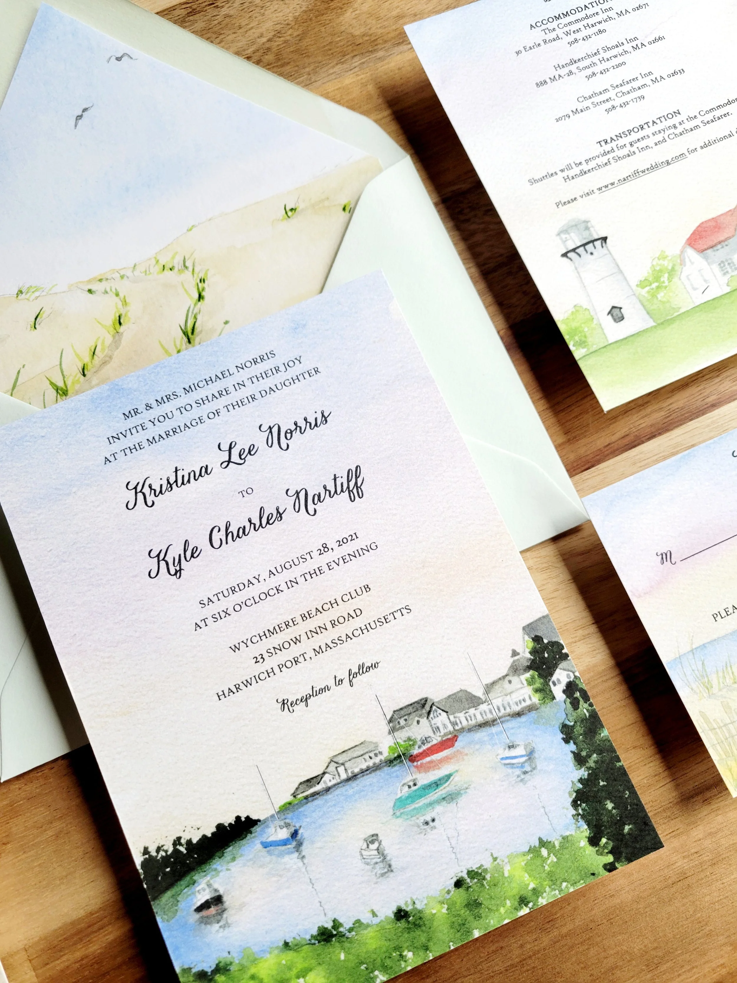 Wychmere Beach Club wedding invitations, featuring Harwich Port by Tying the Knots Studio 2