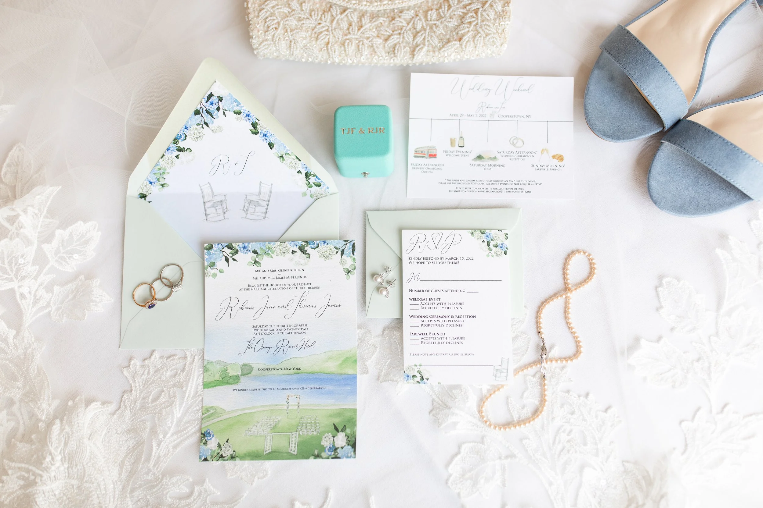 The Otesaga Resort Hotel Wedding Invitation Set featuring Hydrangeas and hand painted watercolor landscapes by Tying the Knots Wedding Studio 1