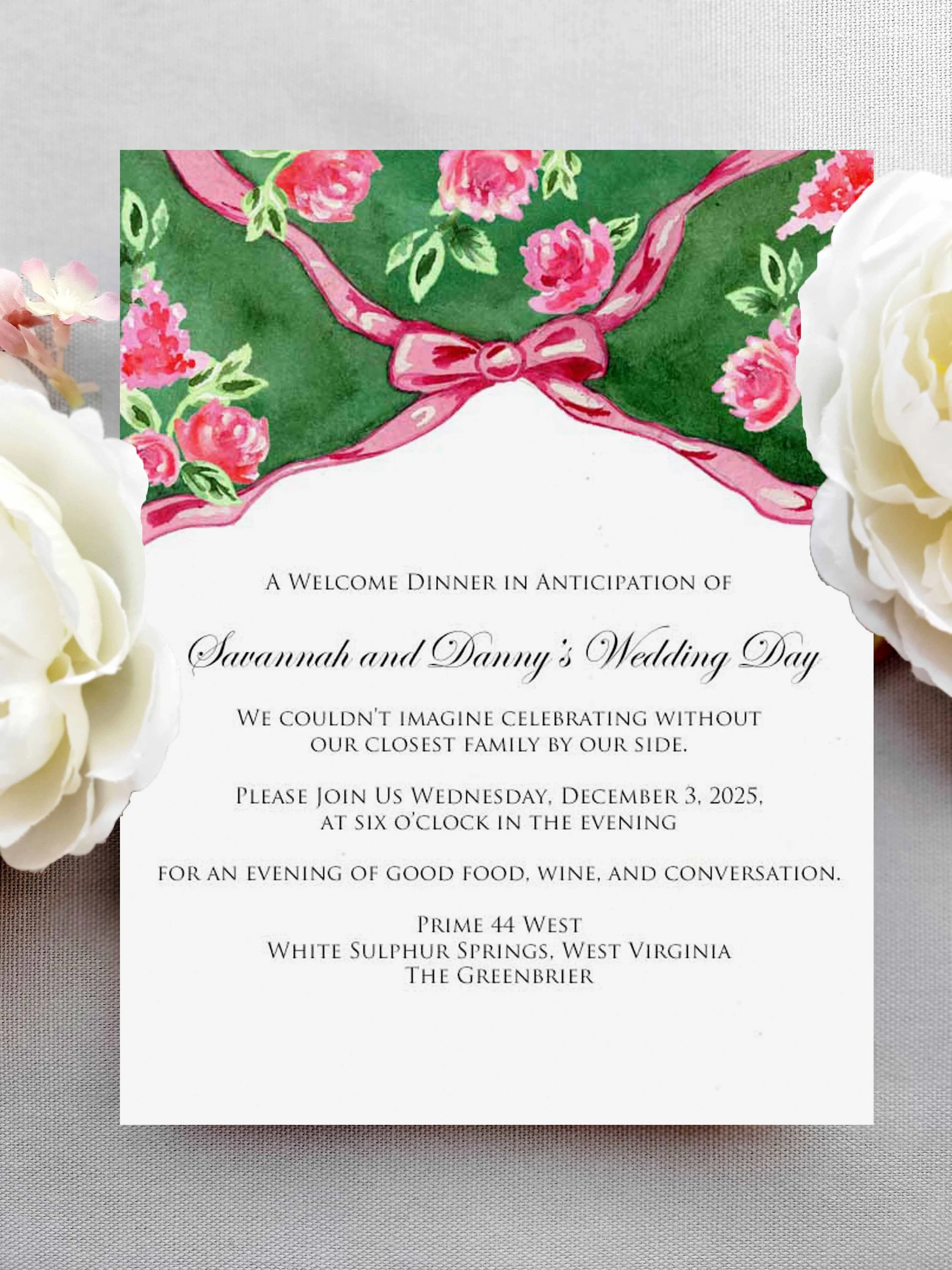 Welcome Dinner card for the Greenbrier Wedding by Tying the Knots