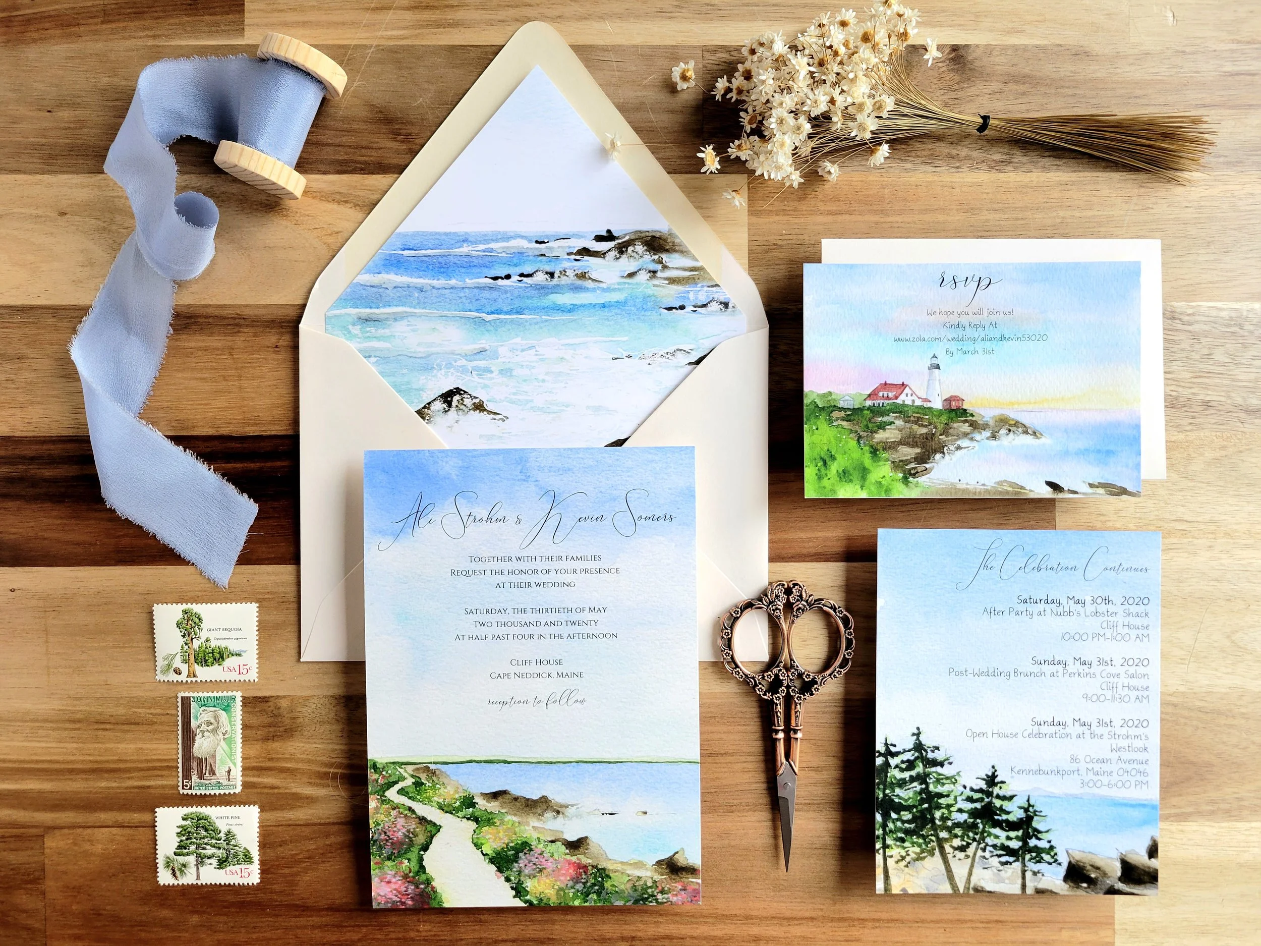 Maine Coastal Cliffs Watercolor Wedding Invitations