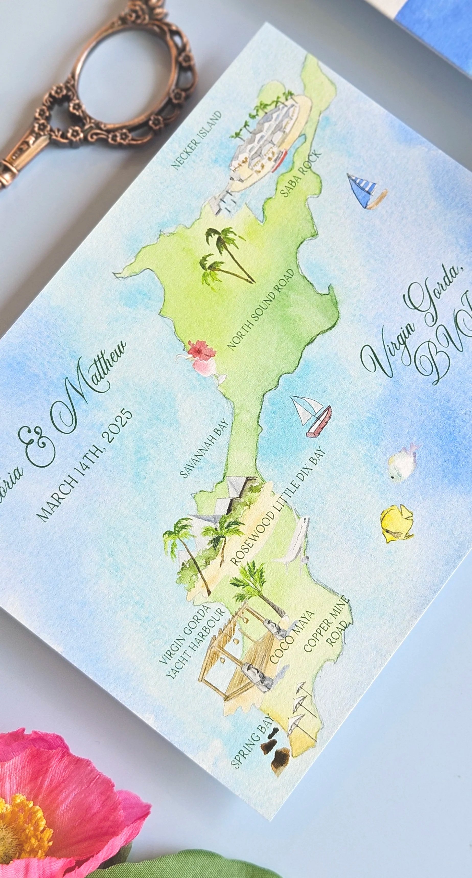 Virgin Gorda Rosewood Little Dix Bay British Virgin Island wedding invitation set featuring customizable vibrant watercolors and island theme by Tying the Knots Wedding Studio 5