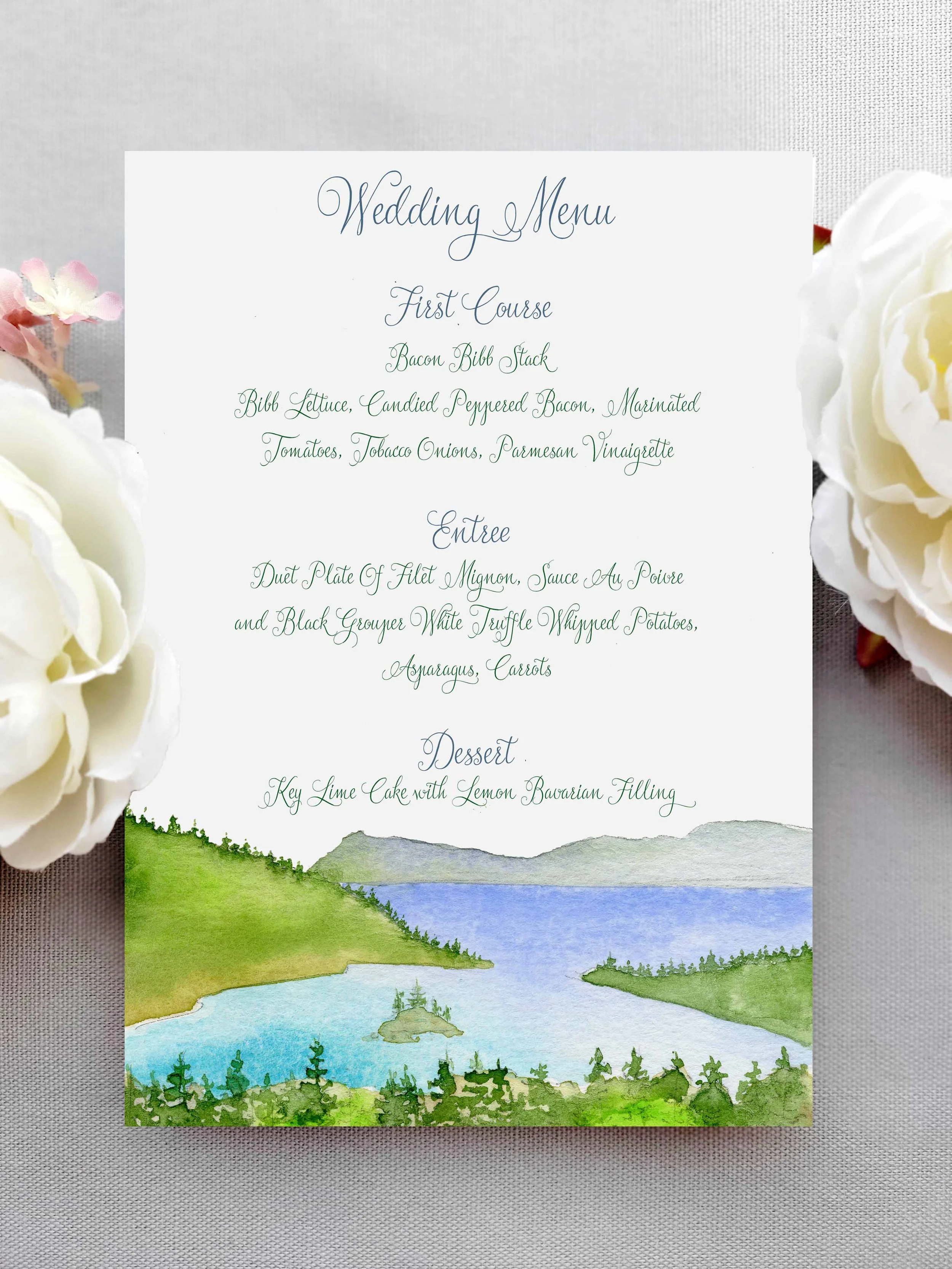 Lake Tahoe wedding invitations featuring the mountains and tree reflections with wedding itinerary, rsvp, and customizable map by Tying the Knots Wedding Studio 14