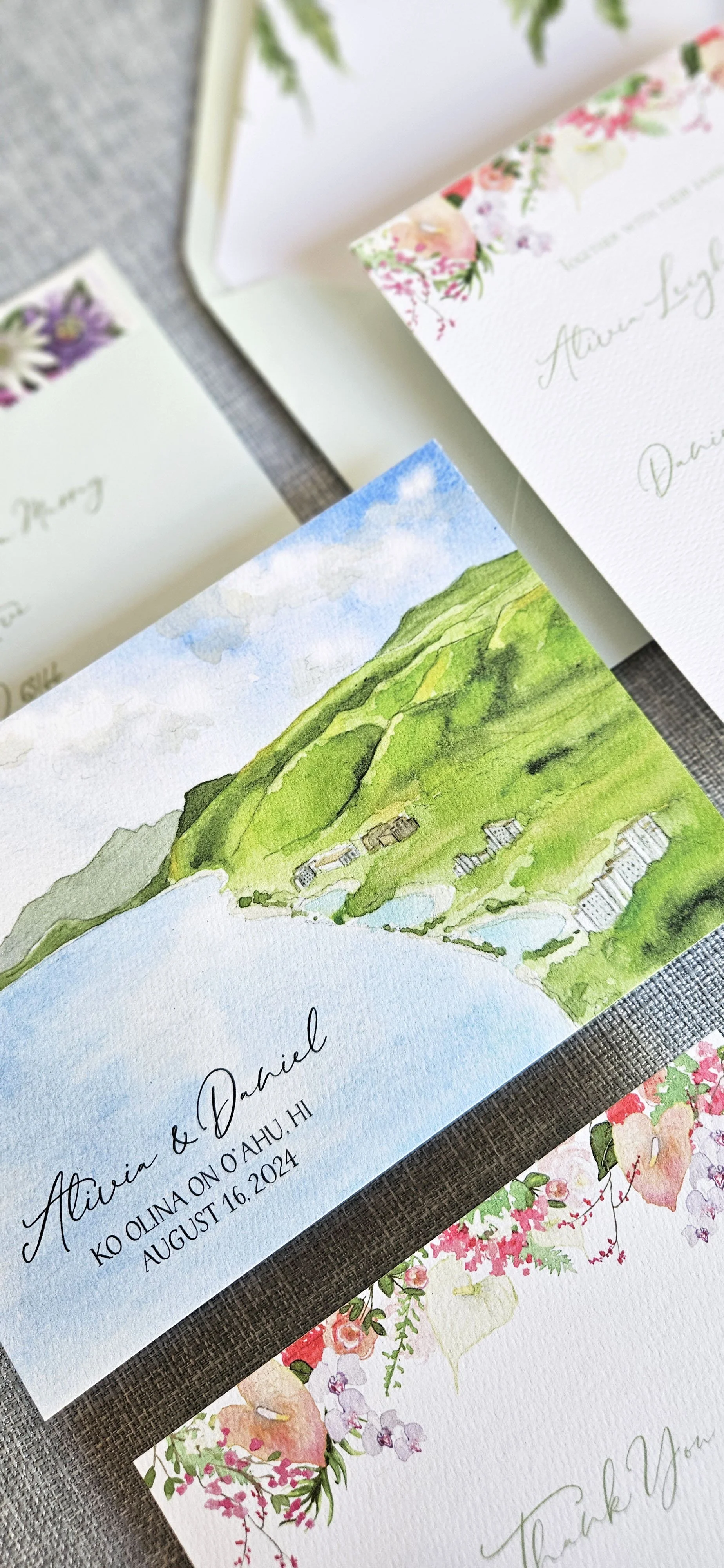 Custom Save the Date Oahu in watercolor by Tying the Knots Studio