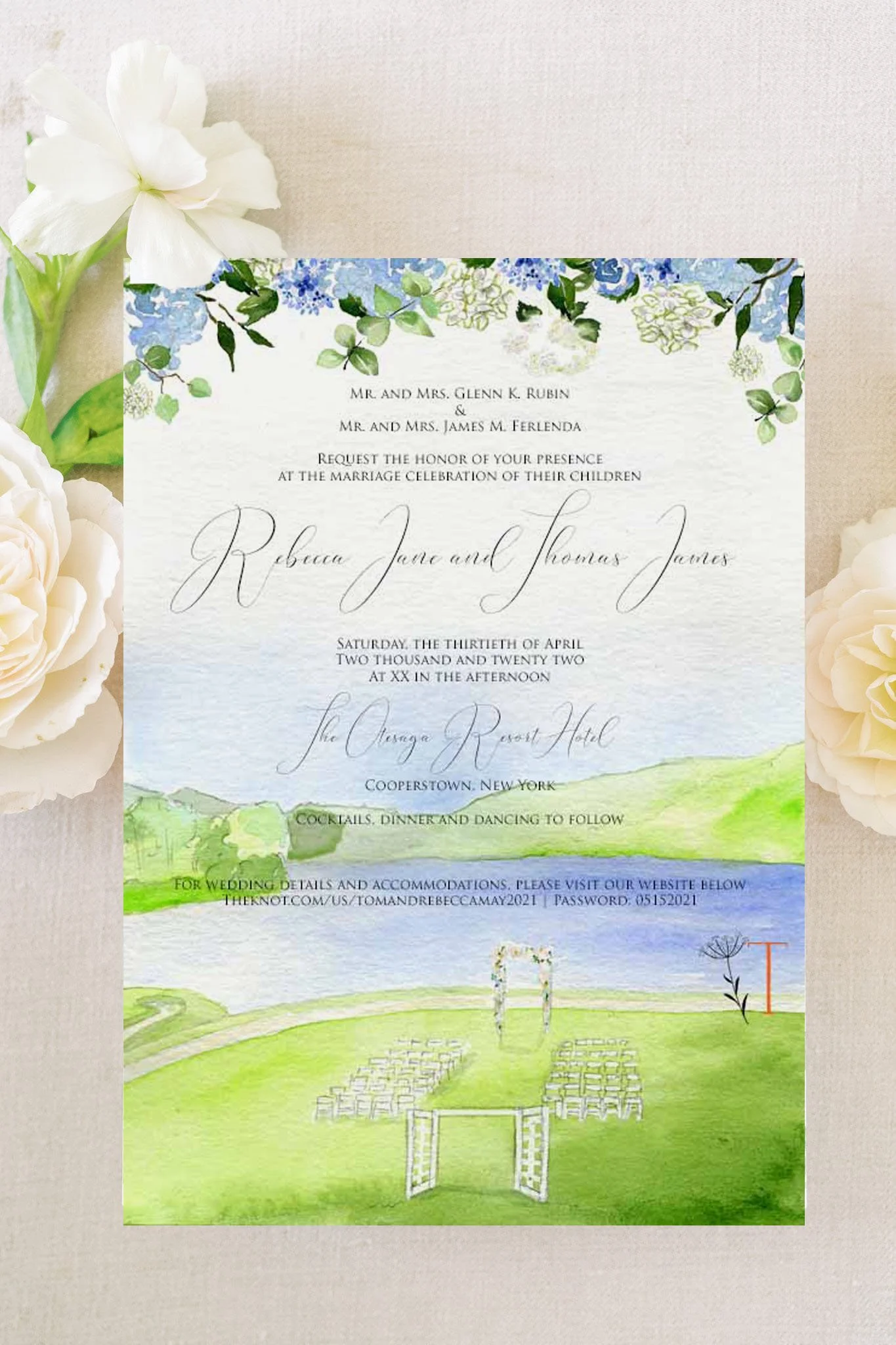 The Otesaga Resort Hotel Wedding Invitation Set featuring Hydrangeas and hand painted watercolor landscapes by Tying the Knots Wedding Studio 3