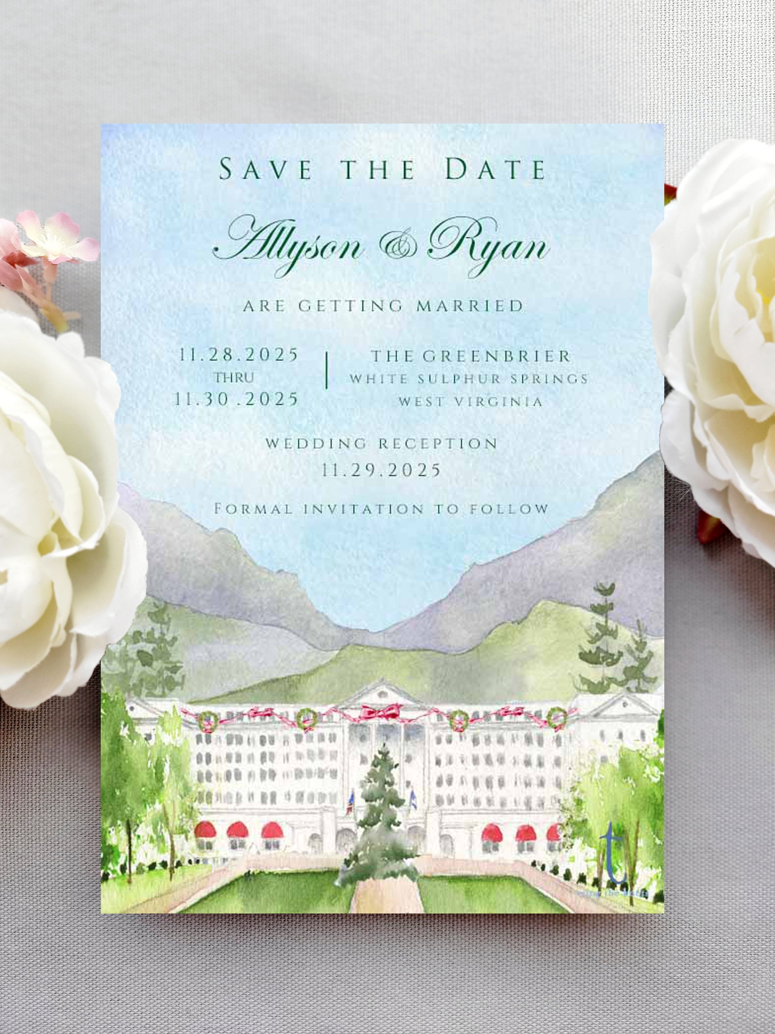 Greenbrier at Christmas Save the Date by Tying the Knots