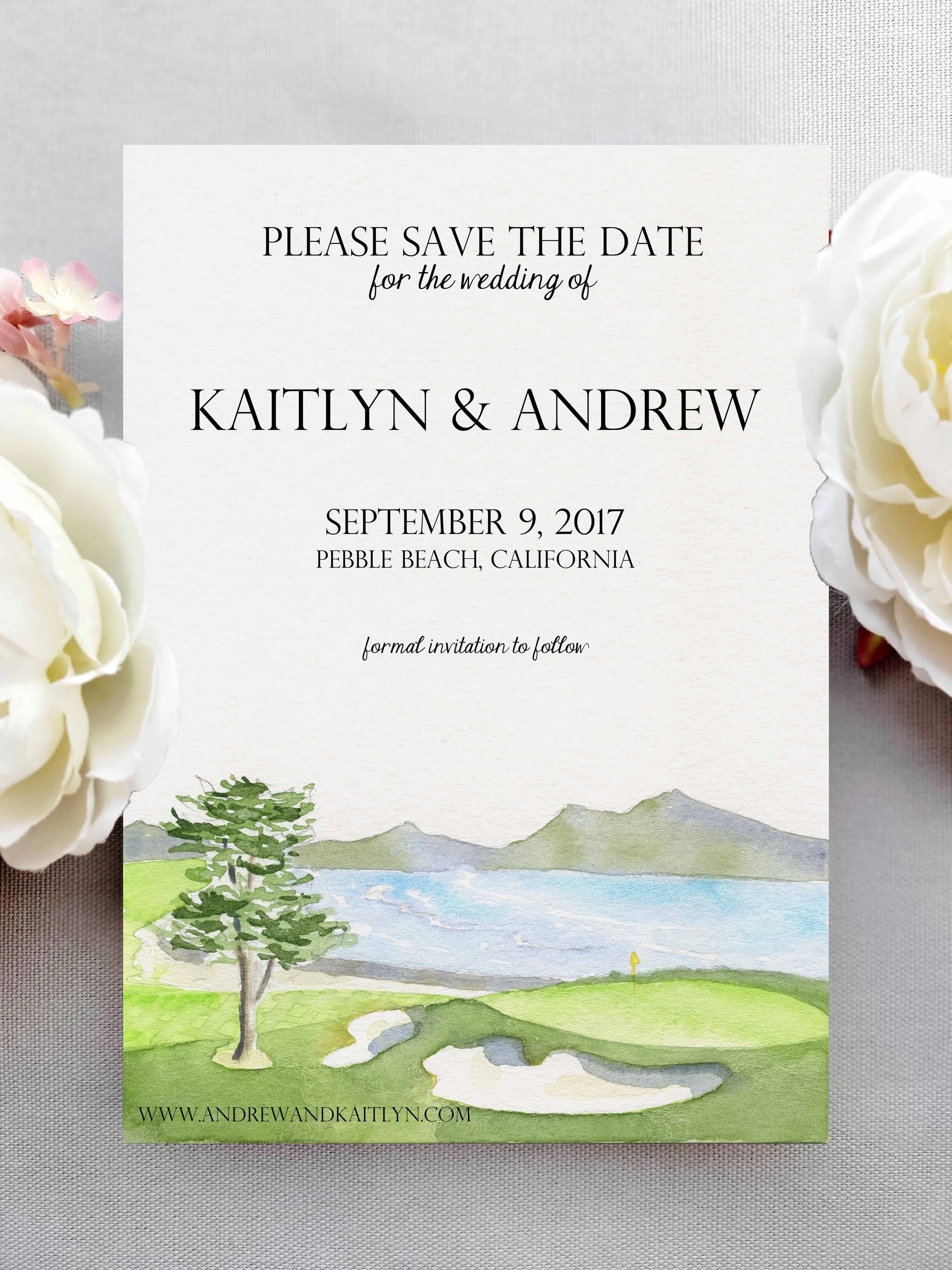 Watercolor Save the Date of Pebble Beach by Tying the Knots