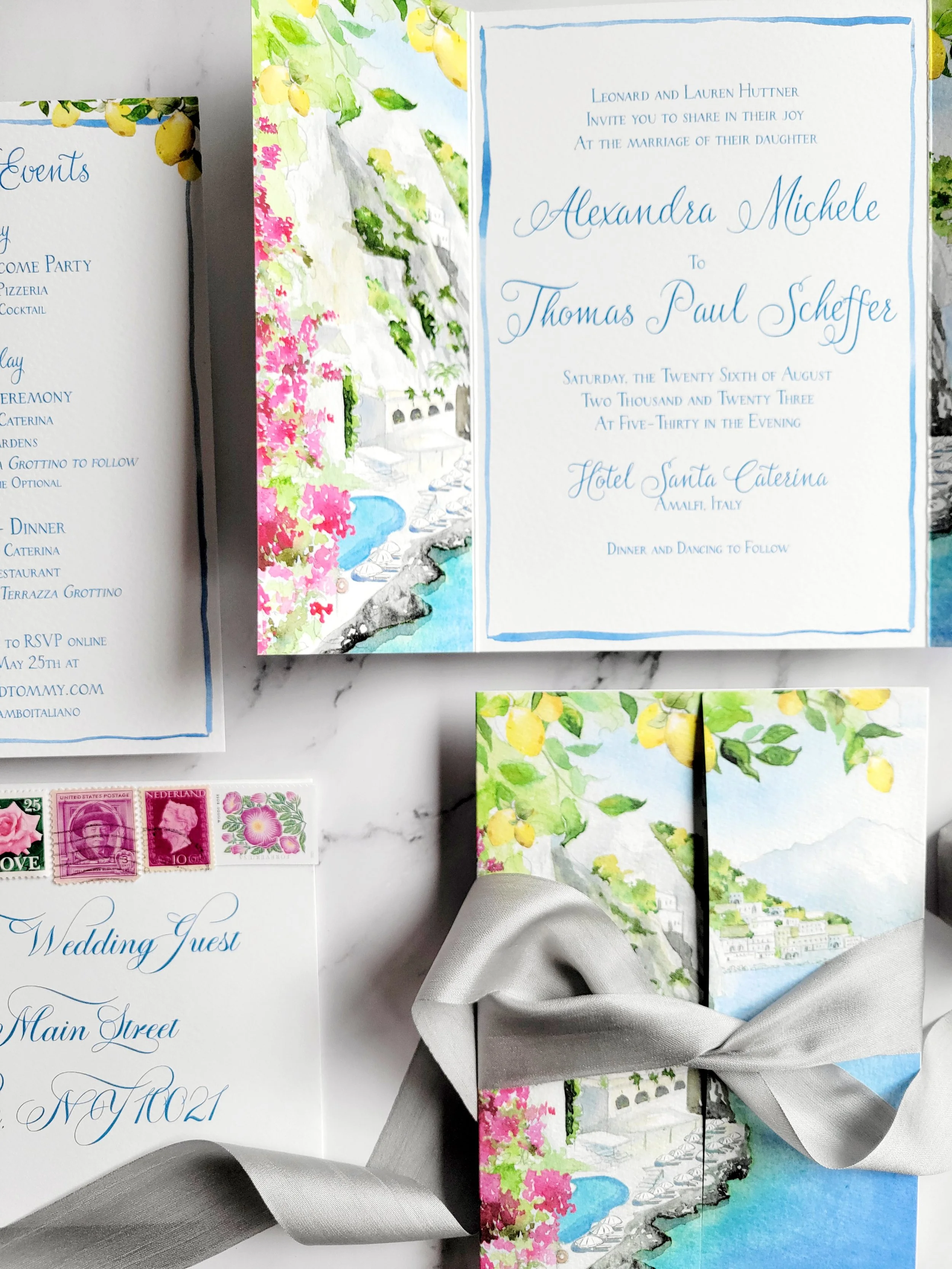 Amalfi Coast Wedding Invitations in watercolor by Tying the Knots Studio 3