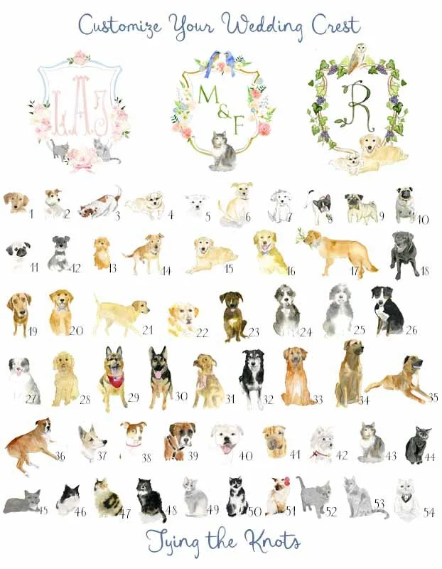 A customizable wedding crest with three decorative frames at the top labeled 'Customize Your Wedding Crest.' Each frame contains a letter and has animals around it: the first with pink flowers and a cat and dog, the second with a blue bow, pink flowers, and kittens, and the third with green vines and puppies. Below, there are 54 illustrated dogs of various breeds numbered 1 to 54, arranged in rows. The phrase 'Tying the Knots' is at the bottom.