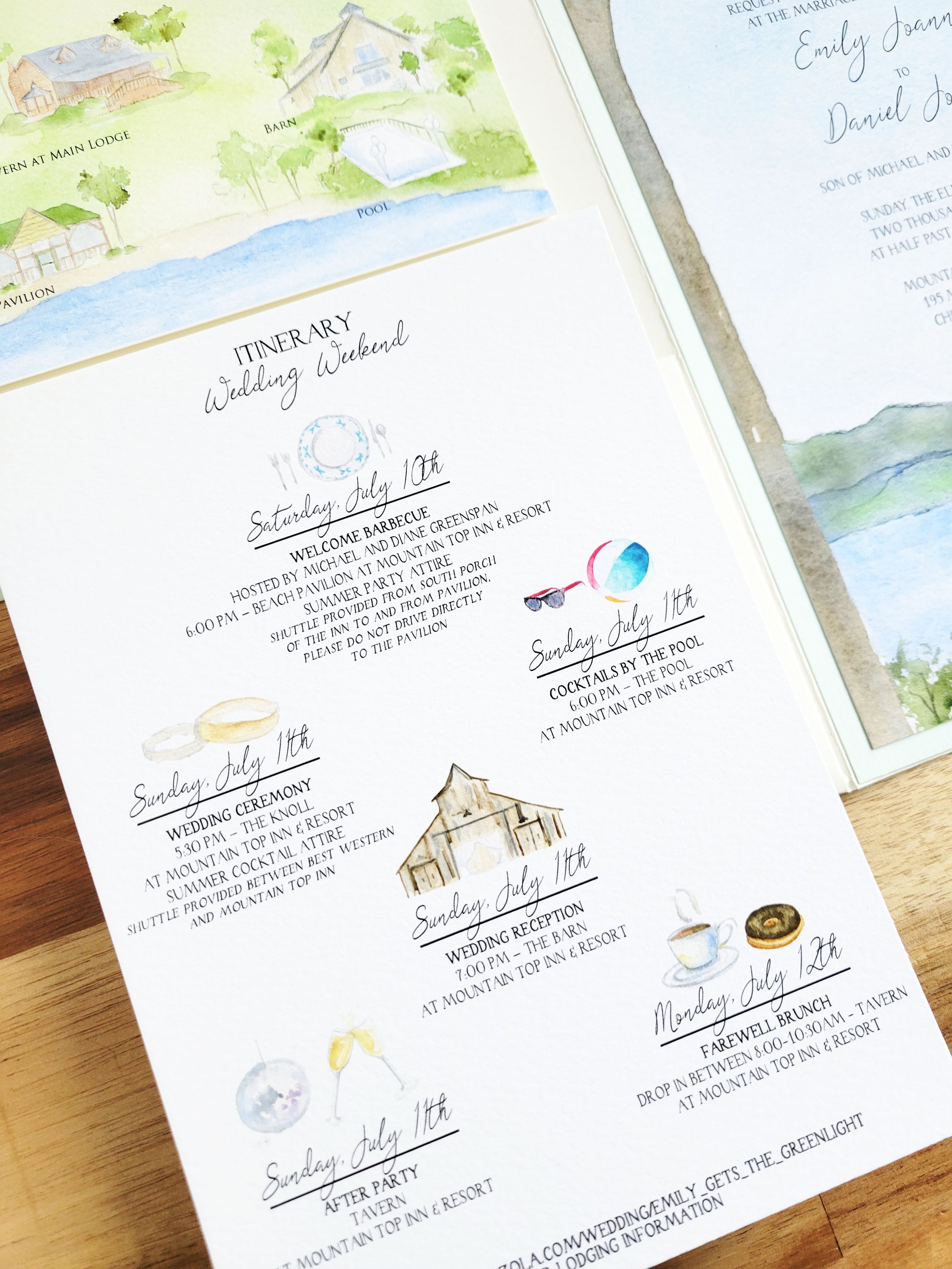 Mountain Top Inn & Resort Wedding Invitation set in watercolors by Tying the Knots Studio 2