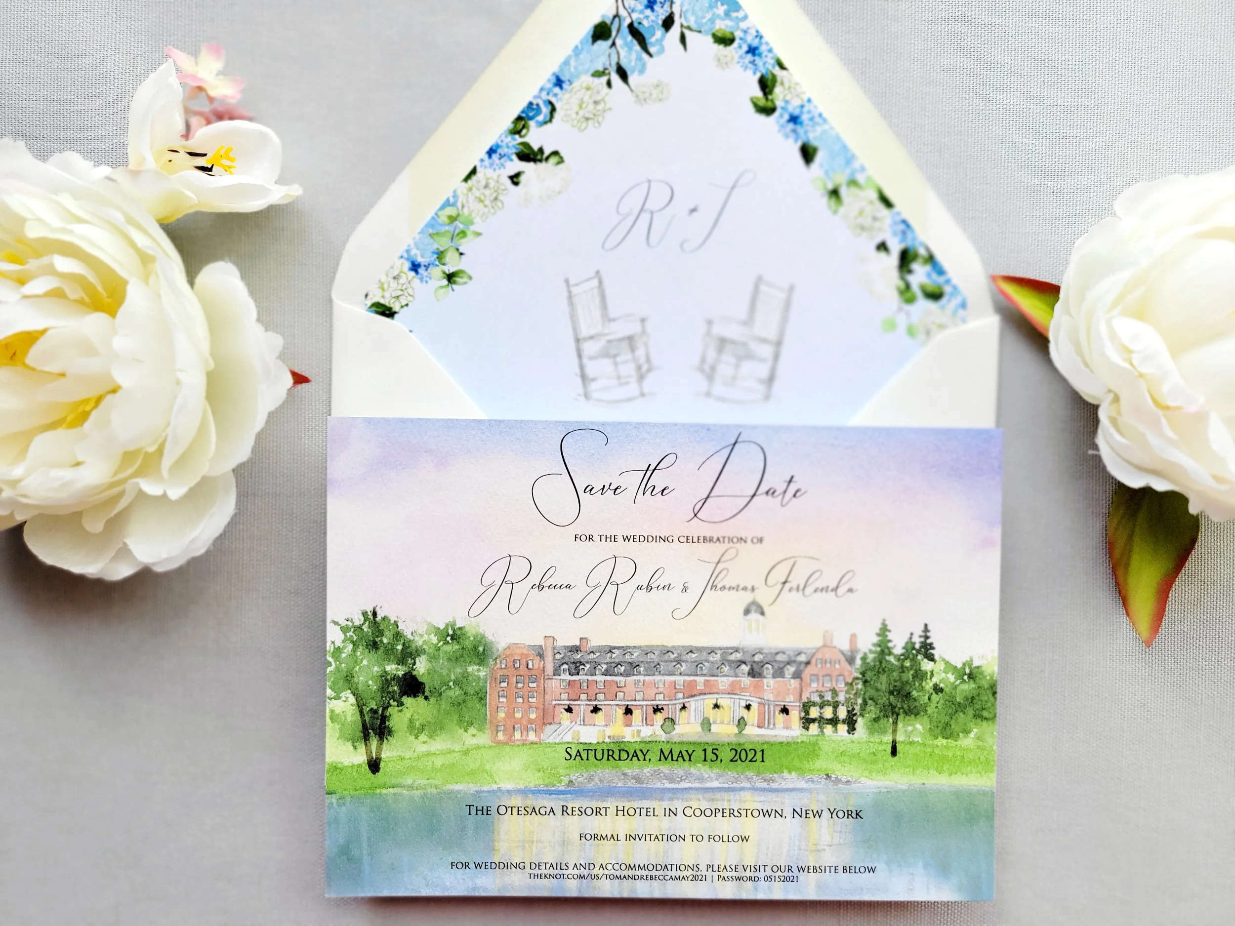 The Otesaga Resort Hotel Save the Dates featuring Hydrangeas and hand painted watercolor landscapes by Tying the Knots Wedding Studio 1