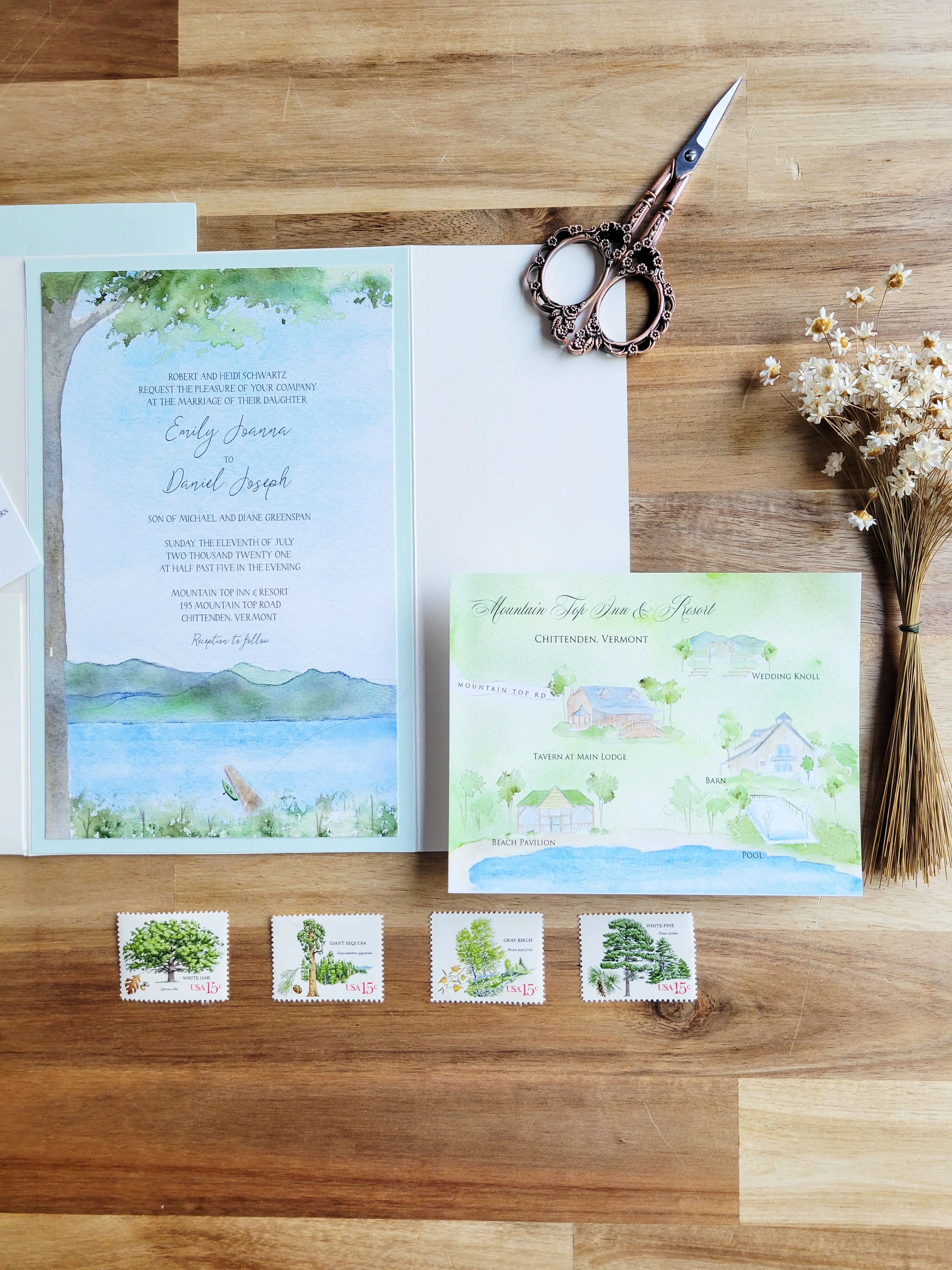 Mountain Top Inn & Resort Wedding Invitation set in watercolors by Tying the Knots Studio 3