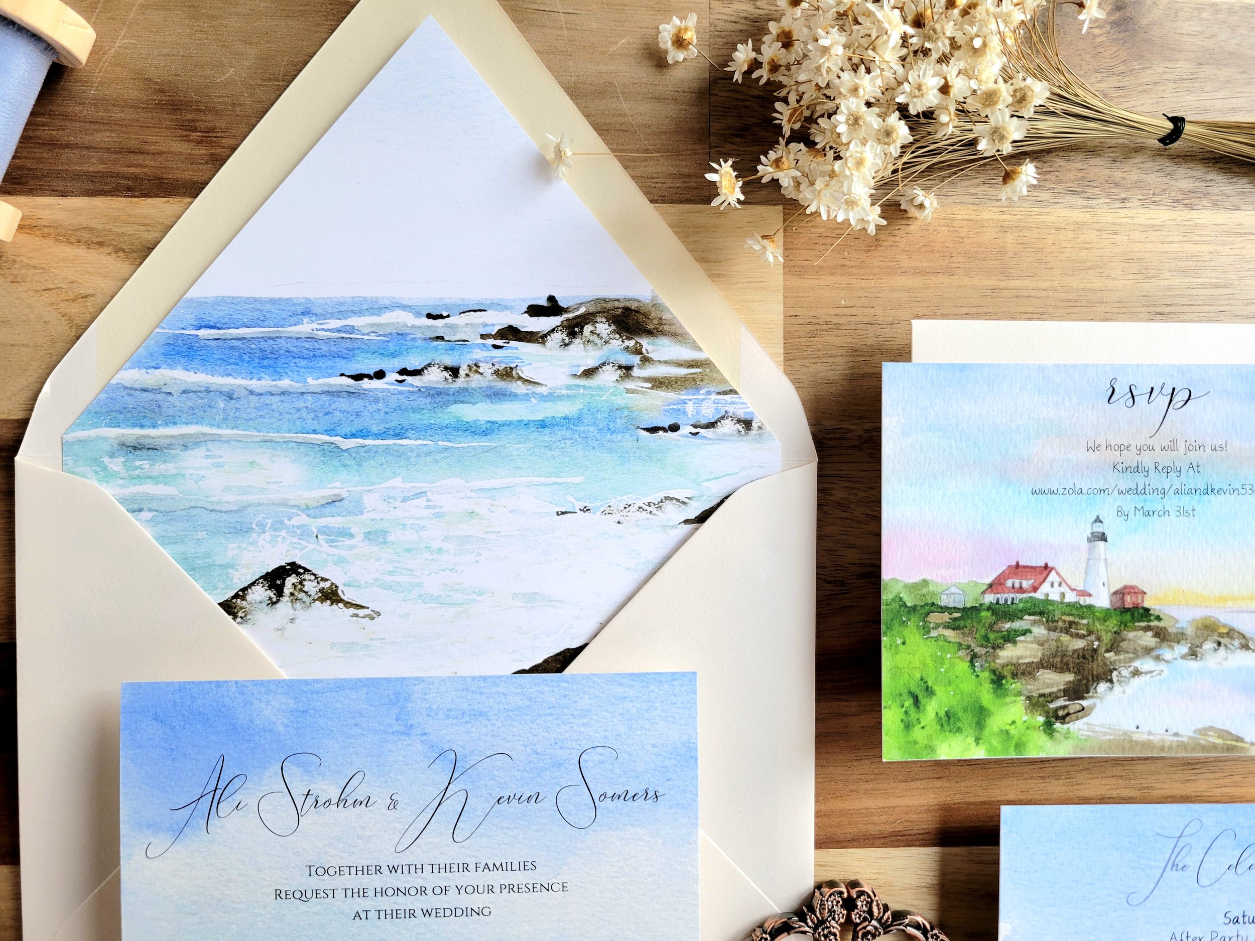 Maine Coastal Wedding Invitations in watercolor by Tying the Knots Studio 4