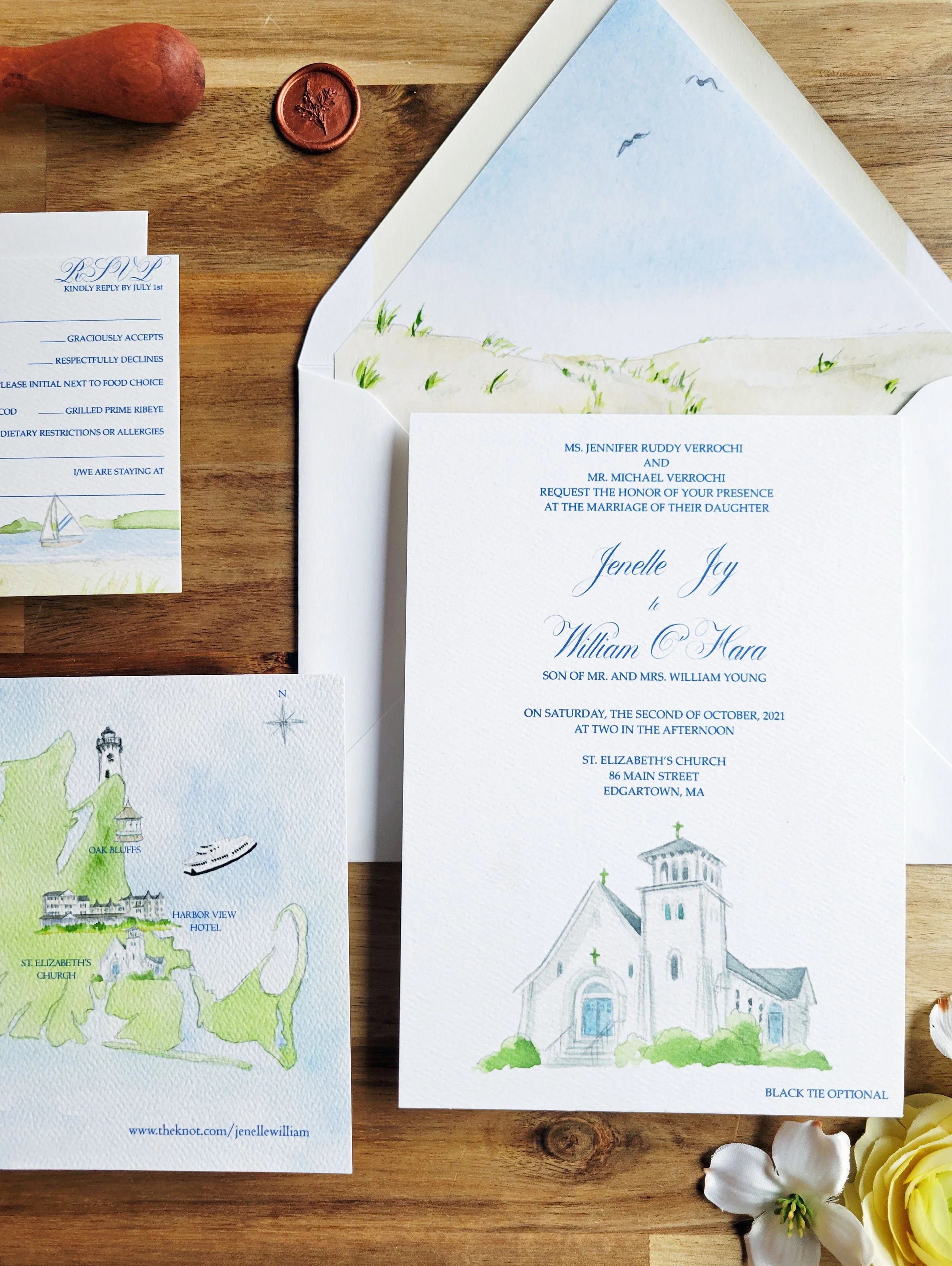 Martha's Vineyard St. Elizabeth's Church wedding invitation set by Tying the Knots 1