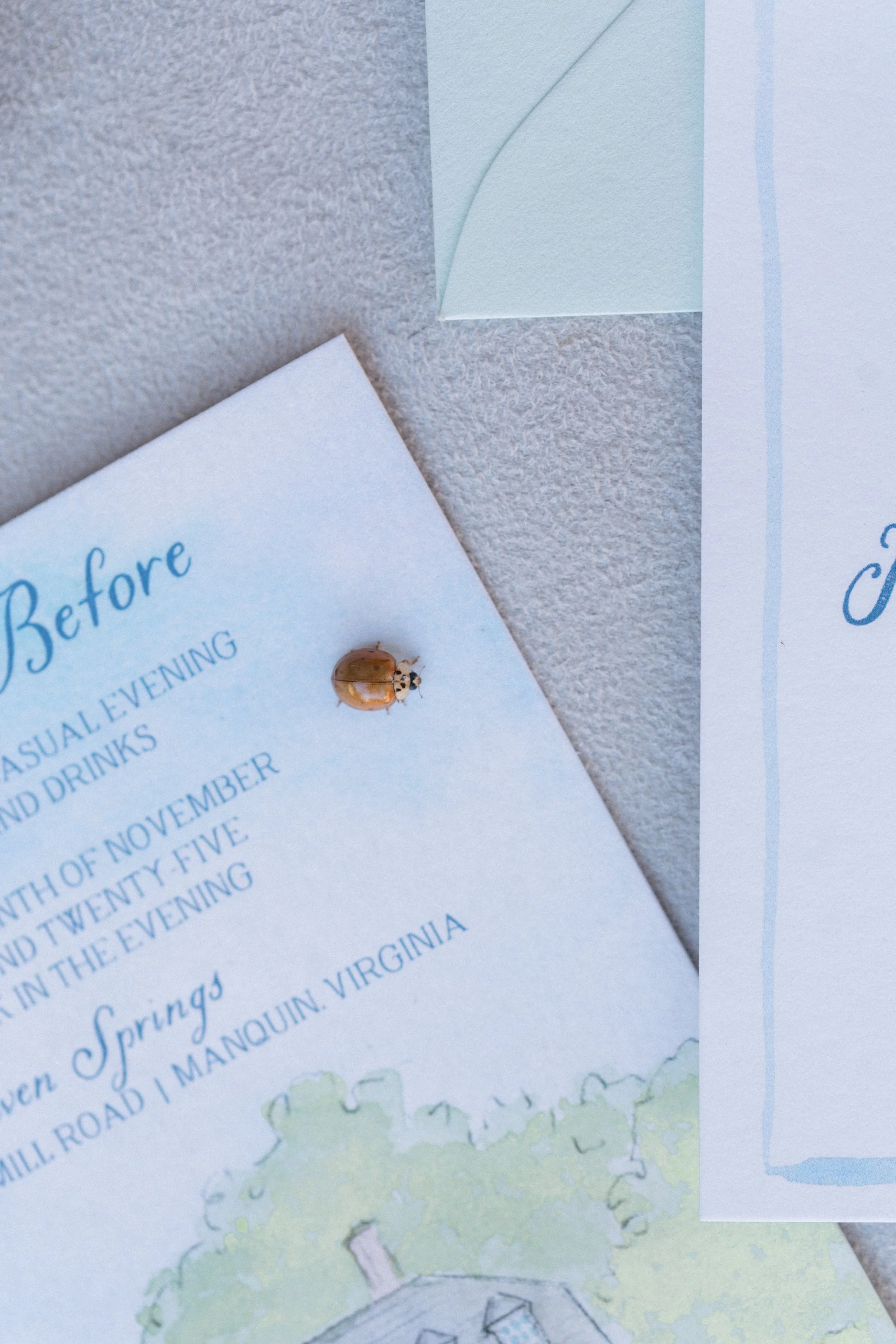 Seven Springs Customizable Wedding Invitations, RSVP cards, Welcome Dinner cards, Details cards, envelope liners featuring sheep and landscapes by Tying the Knots Wedding Studio 7