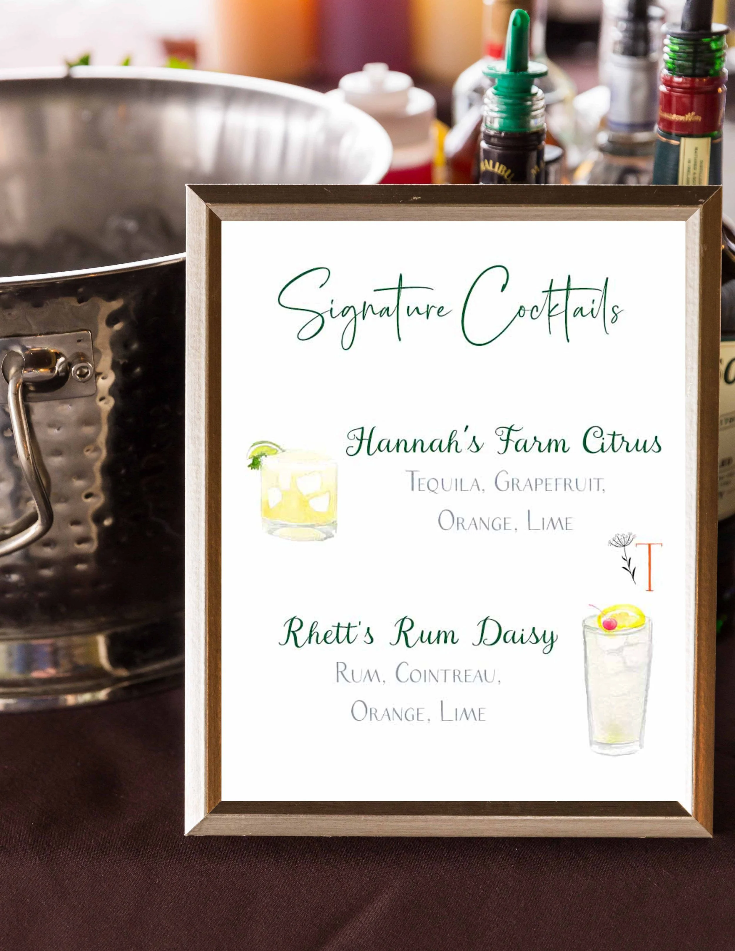 LAYOUT 8: Sign Title, Drink Image 1 left, Drink Title right, Drink Ingredients, Drink Image 2 right, Drink Title left, Drink Ingredients