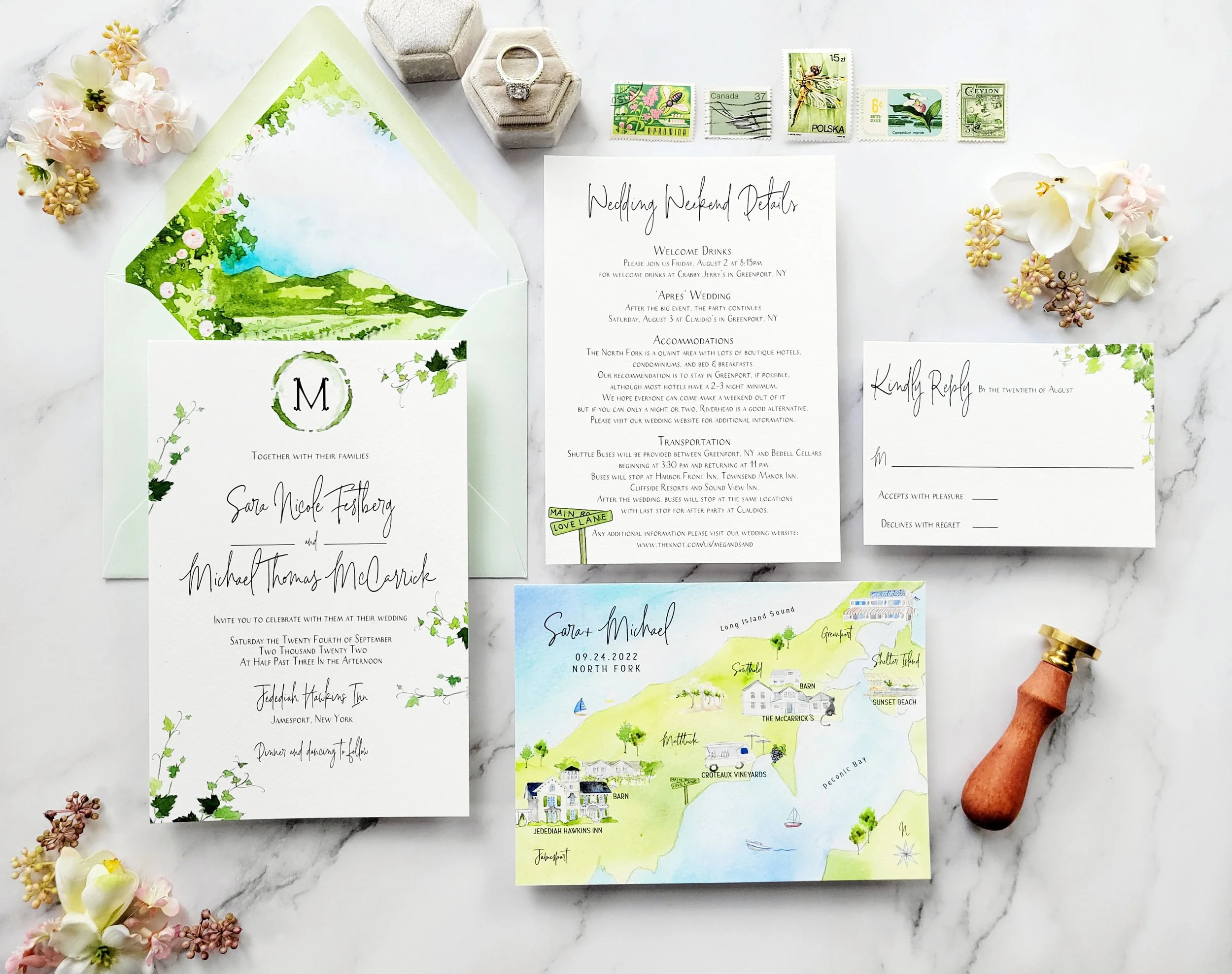Jedediah Hawkins Inn Wedding Invitation Set featuring vineyard wedding theme by Tying the Knots Wedding Studio 3