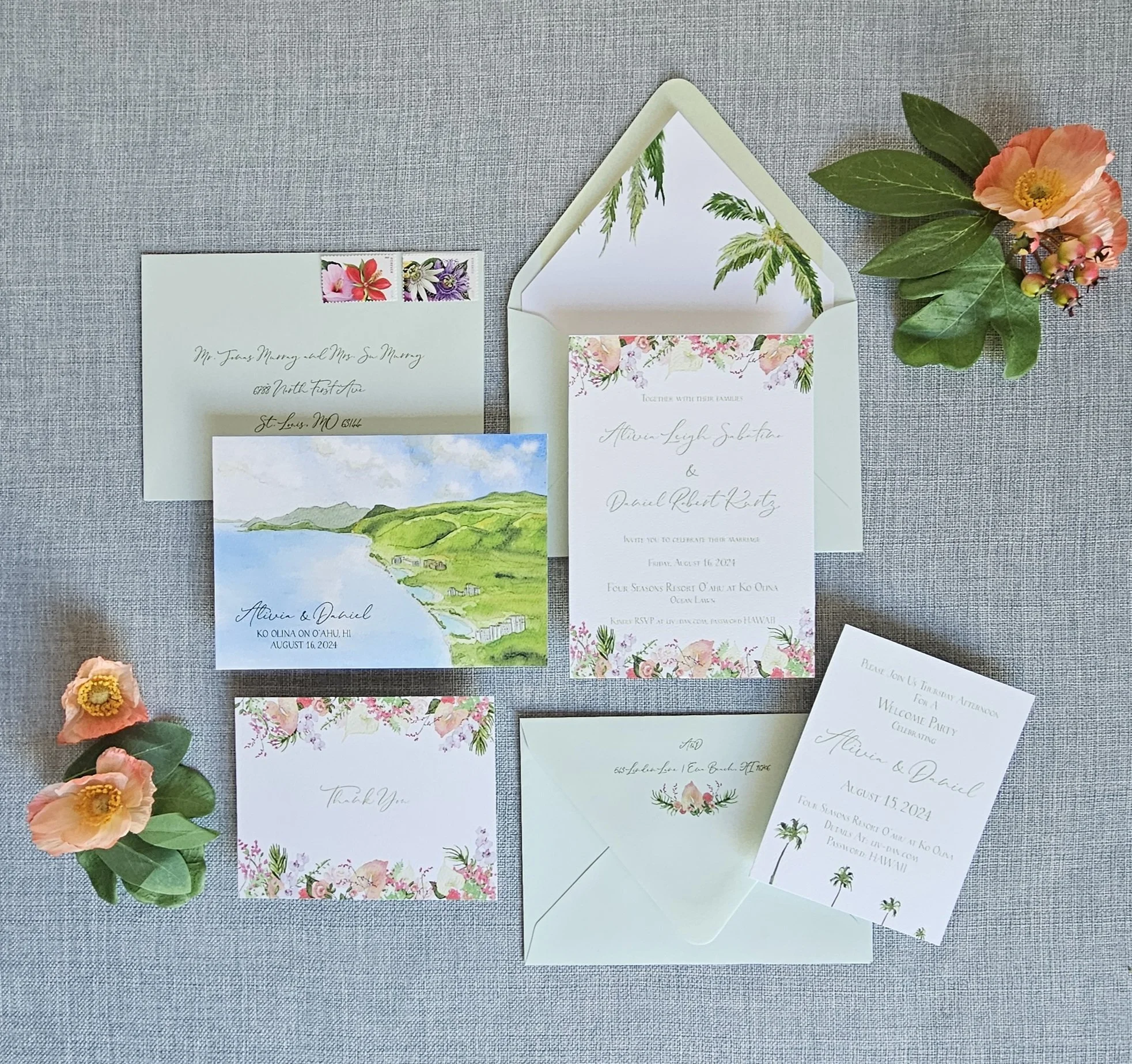 Four Seasons Oahu Ko Olina Watercolor Wedding Invitation Set