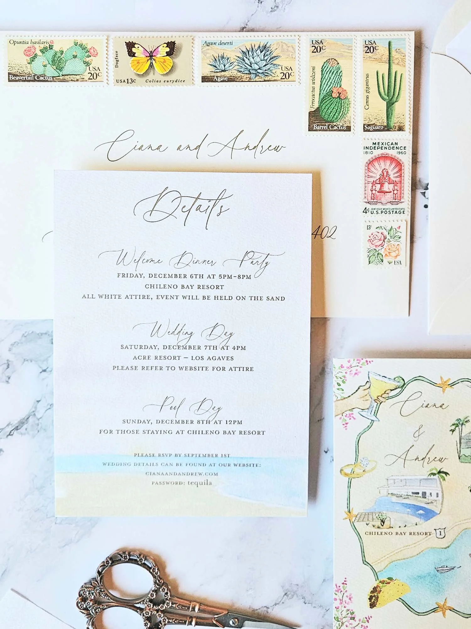 Acre Resort San Jose Del Cabo wedding invitations by Tying the Knots Studio 6