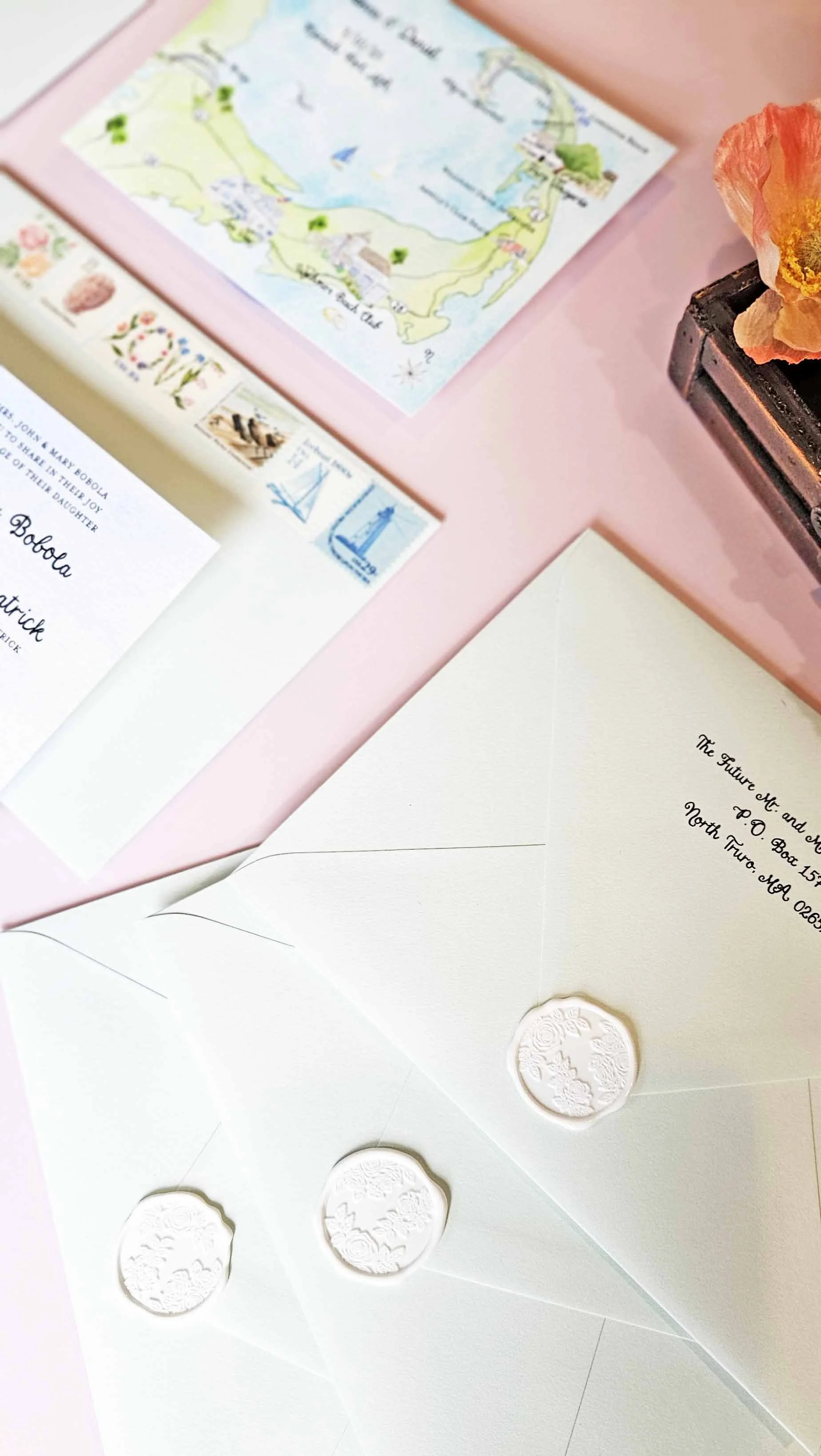 Envelope guest and return addressing service with wax seal by Tying the Knots Studio