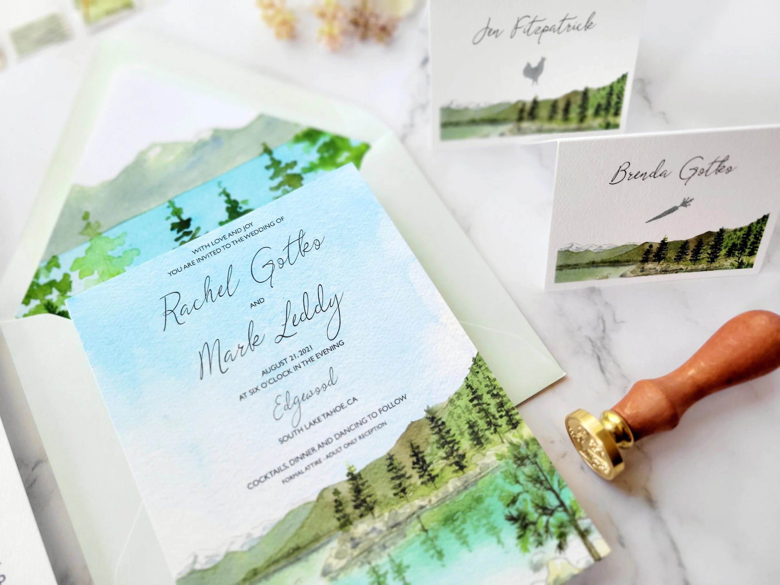 Lake Tahoe wedding invitations featuring the mountains and tree reflections with wedding itinerary, rsvp, and customizable map by Tying the Knots Wedding Studio 4