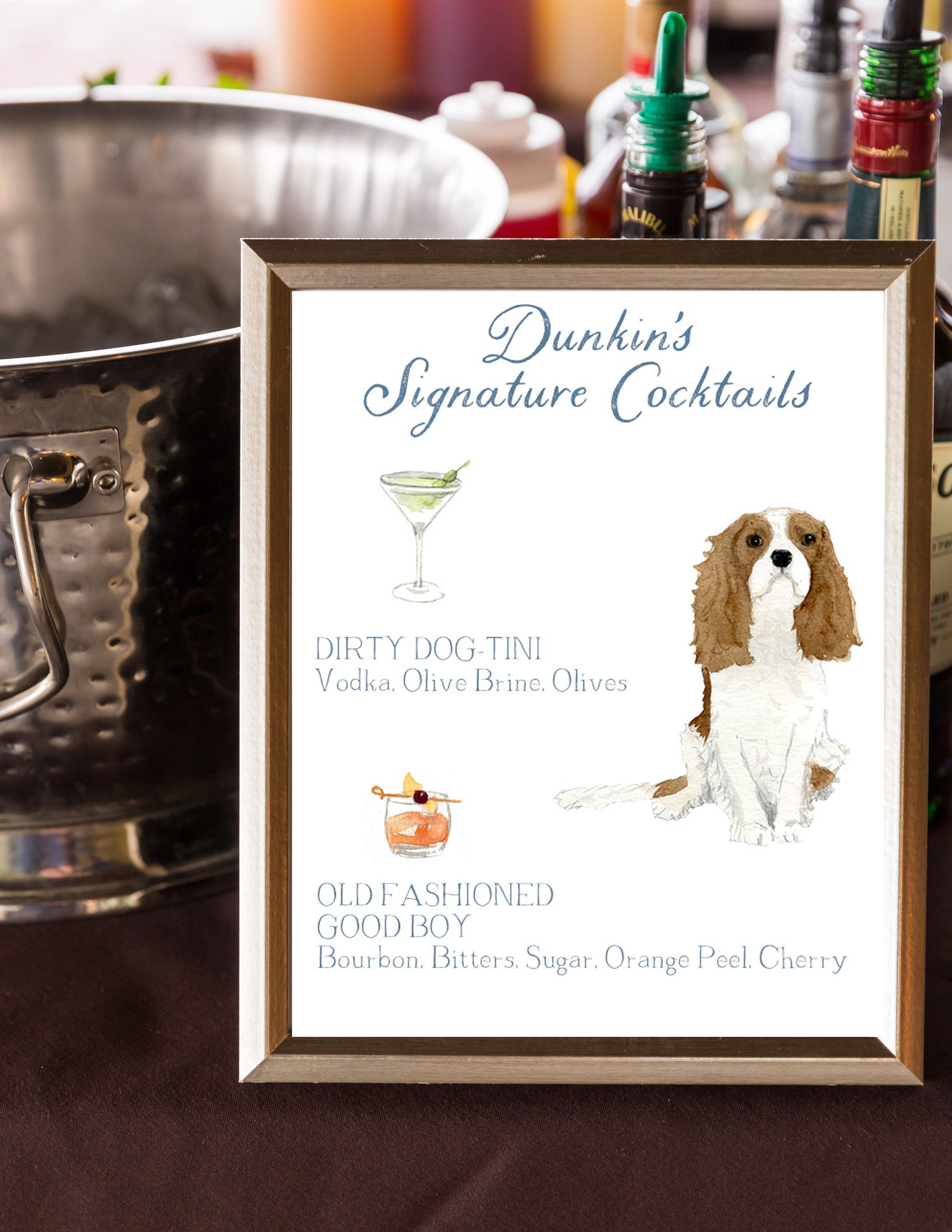 LAYOUT 11: Sign Title, Drink Image 1 left, Drink Title left, Drink Ingredients left, Drink Image 2 left, Drink Title left, Drink Ingredients left, Animal Right