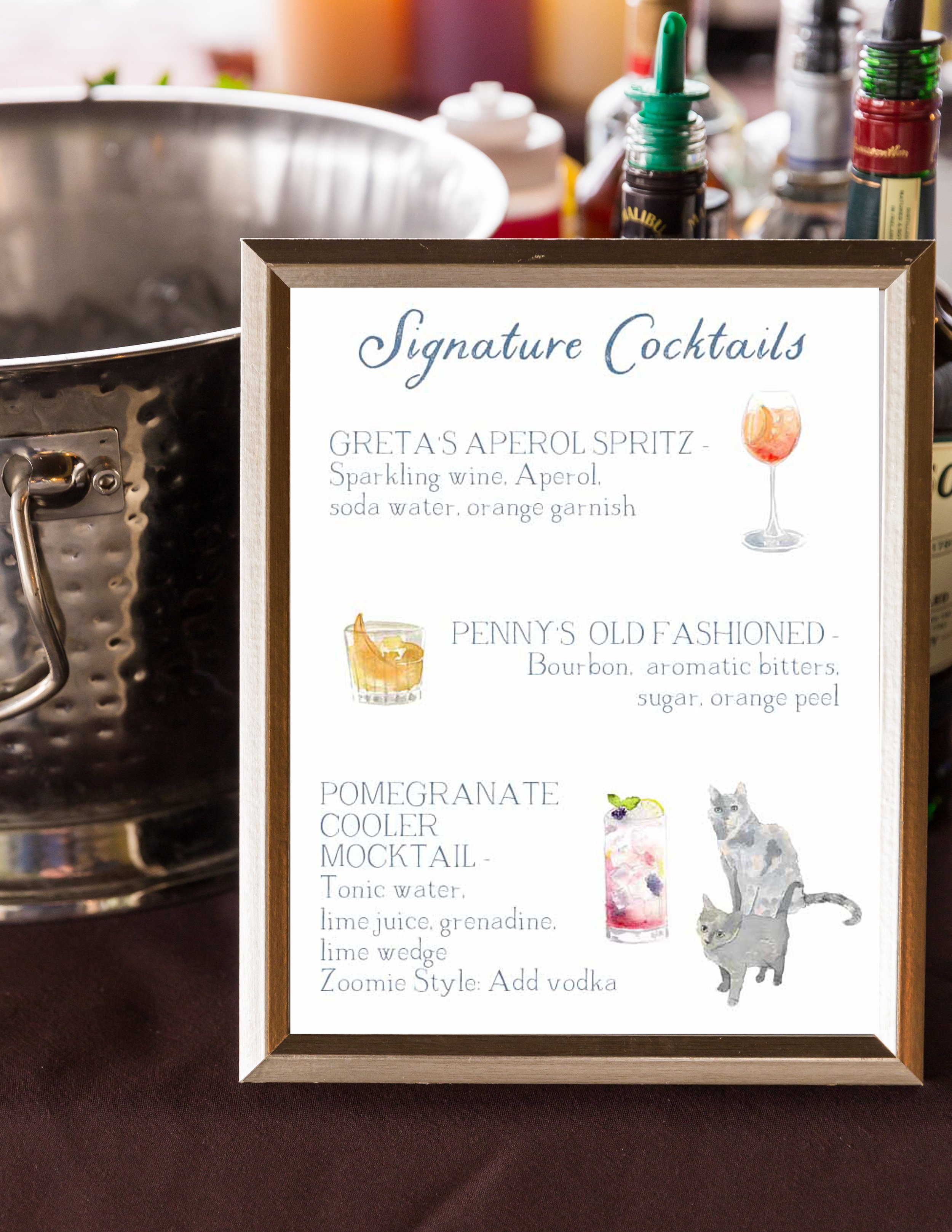 LAYOUT 15: Sign Title, Drink Image 1 right, Drink Title left, Drink Ingredients left, Drink Image 2 left, Drink Title right, Drink Ingredients right,  Drink Image 3 right, Drink Title left, Drink Ingredients left, Animal bottom right