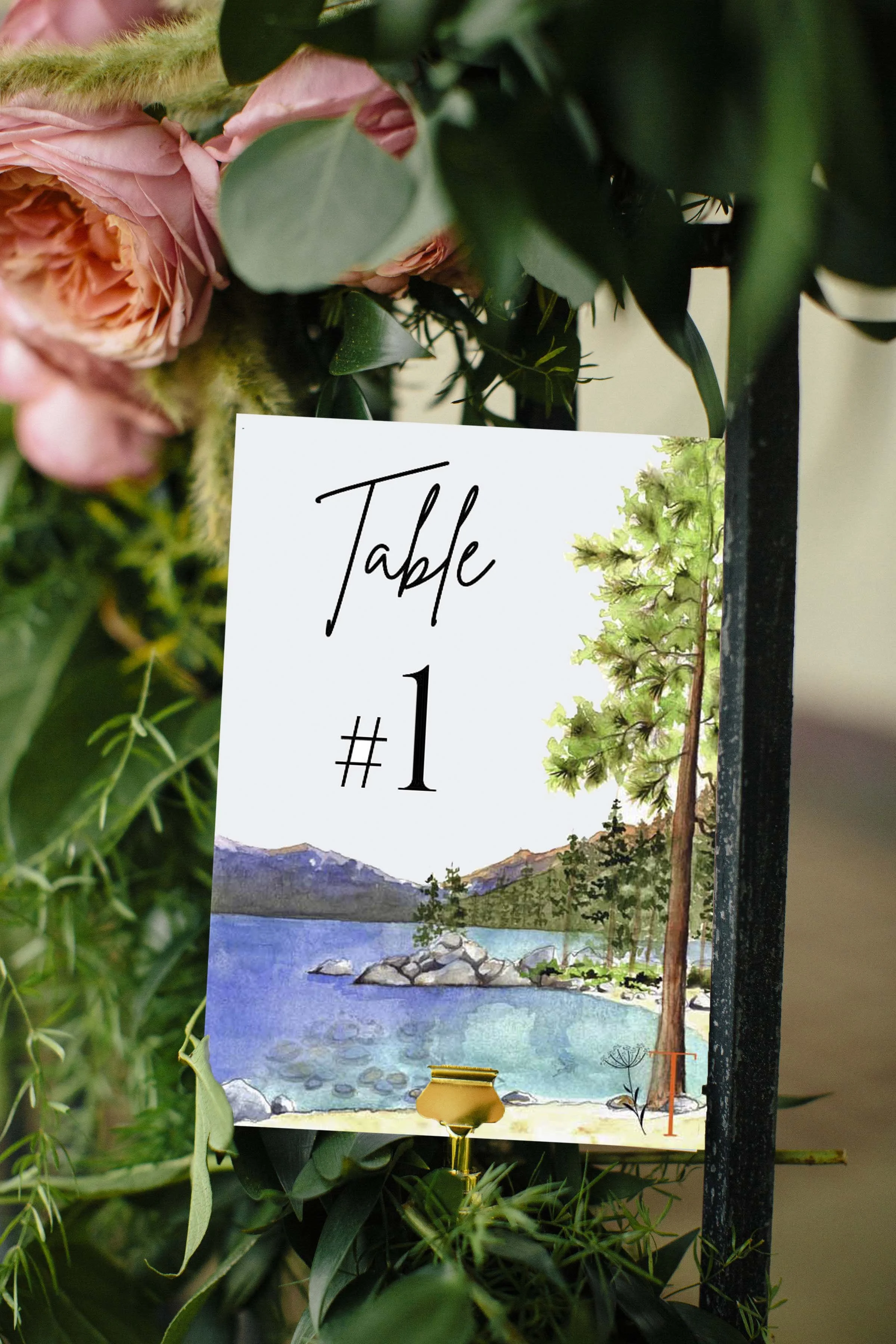 Lake Tahoe wedding invitations featuring the mountains and tree reflections with wedding itinerary, rsvp, and customizable map by Tying the Knots Wedding Studio 6