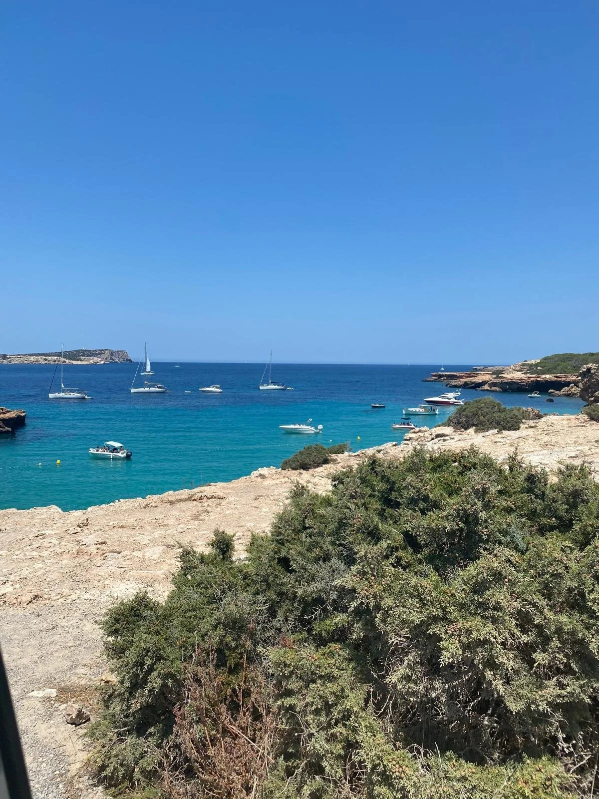 A coastal scene with turquoise water, several sailboats and motorboats anchored near the shore, rocky cliffs, and green bushes under a clear blue sky.